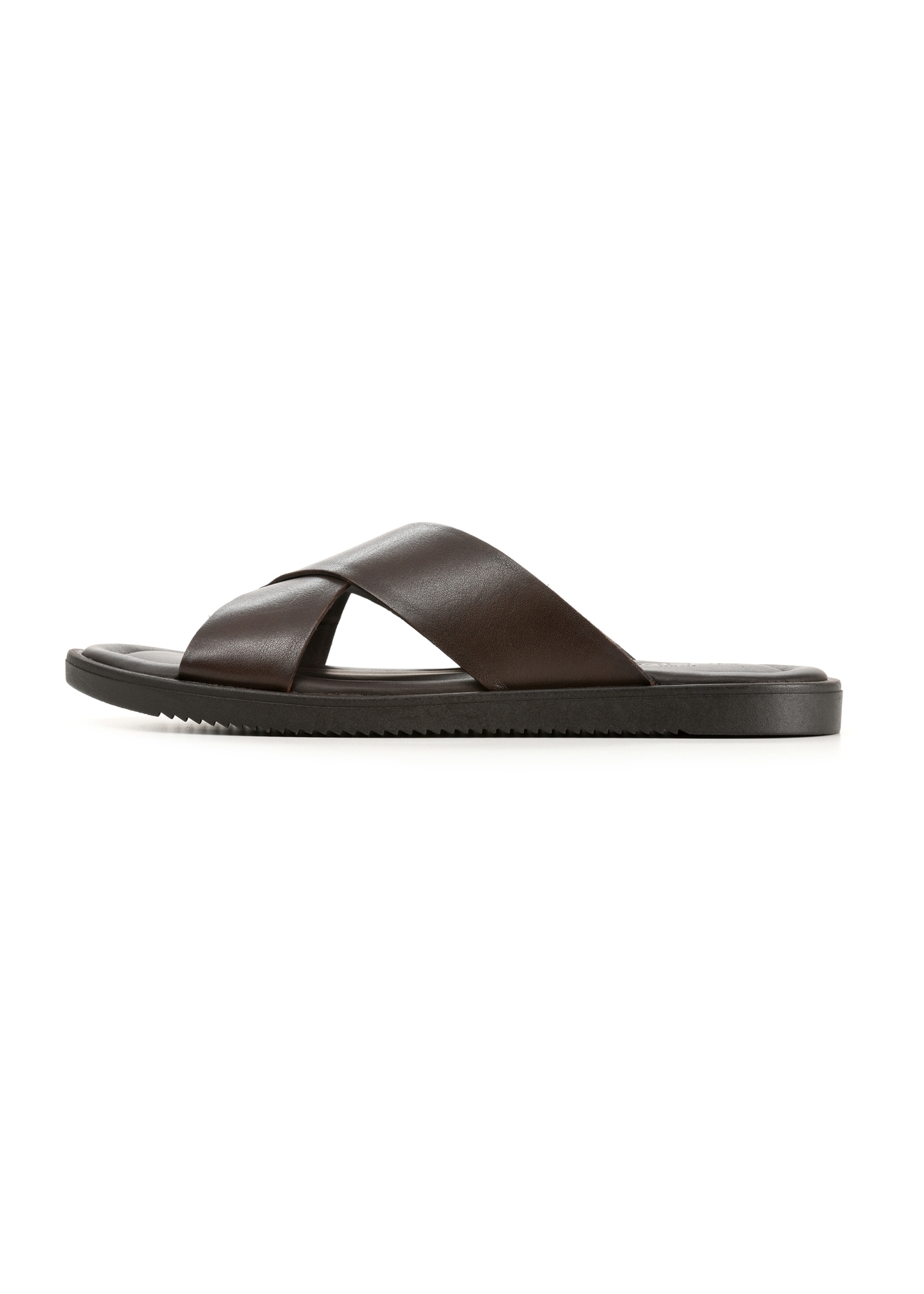 Men's dark brown leather slides BUTYM-0536-1I(W26), side view of the product on a white background.