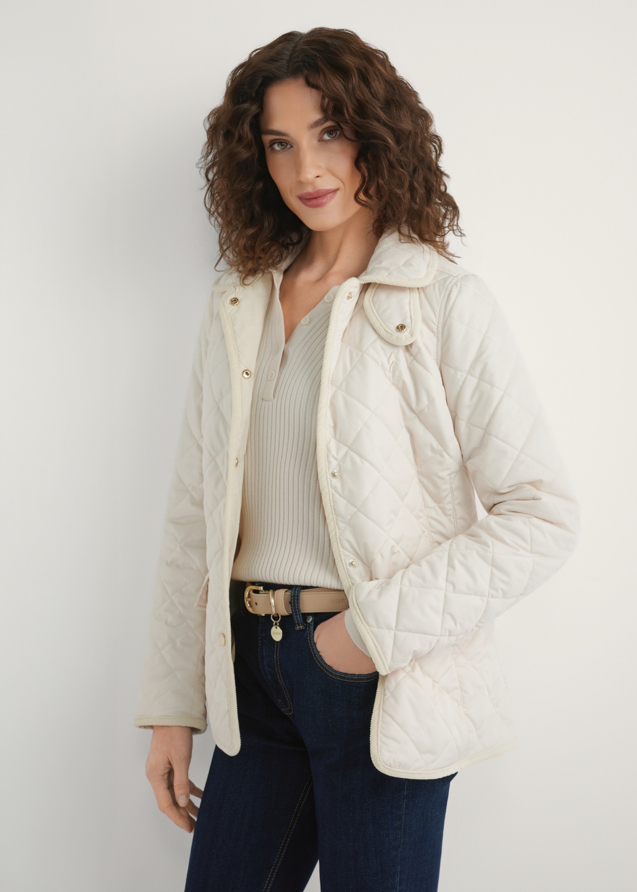 Light beige women's transitional jacket KURDT-0640-0B(W26) - front product view, against a light background. Mid-length silhouette visible.