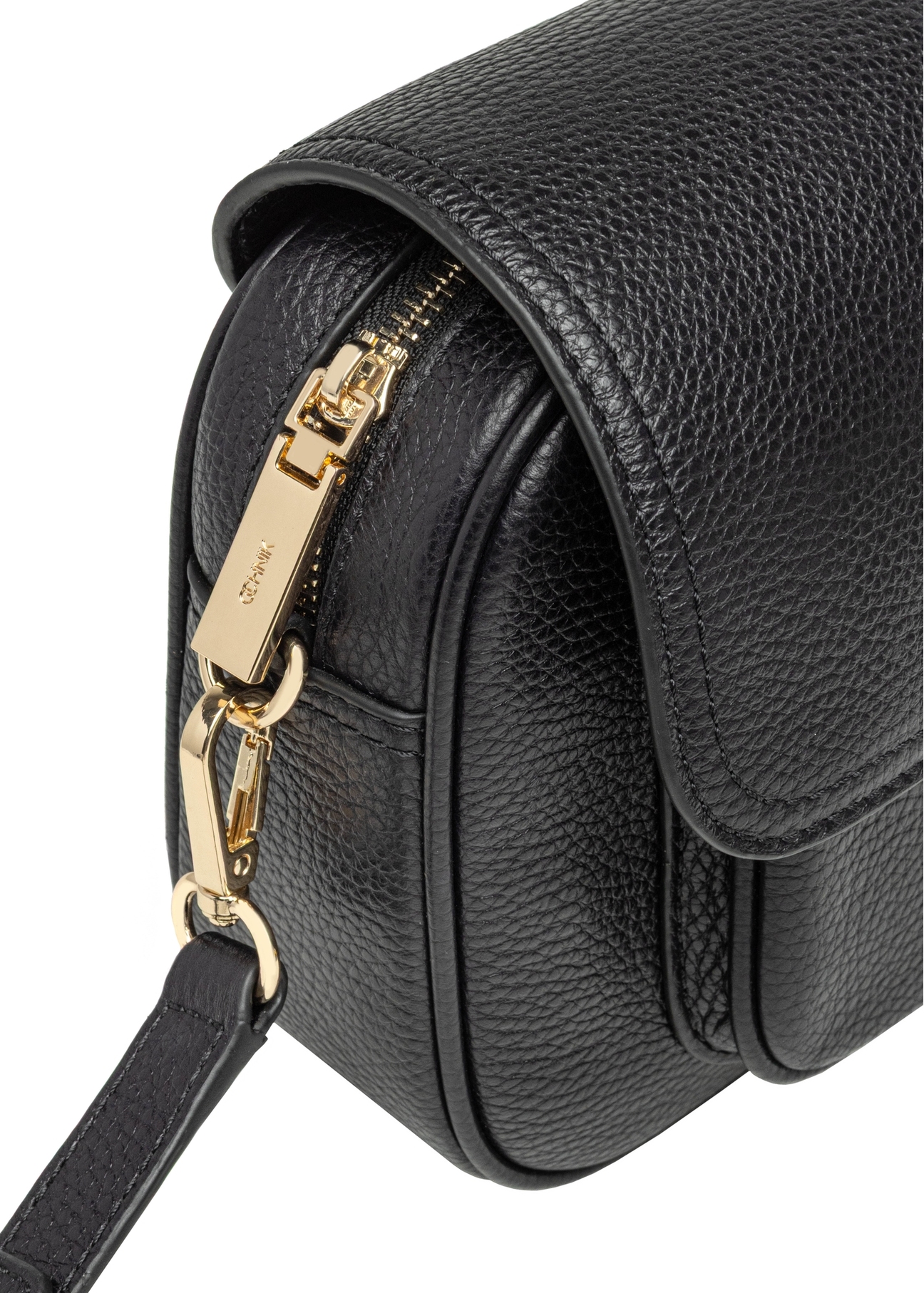 Black leather women's messenger bag TORES-1274-9I(W26), close-up of the product detail on a white background.