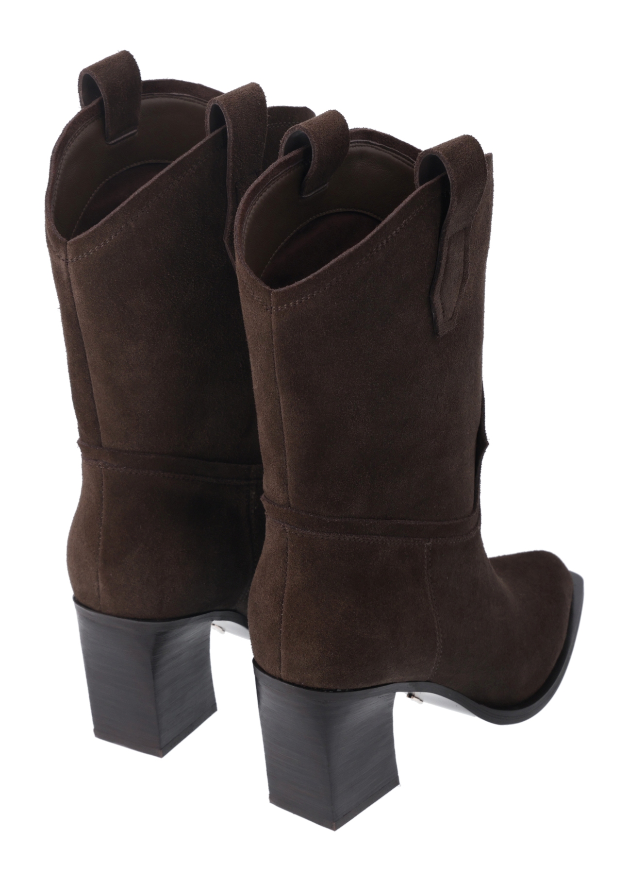 Women's dark brown suede ankle boots BUTYD-1336-1I(Z26), back view of the product on a white background.