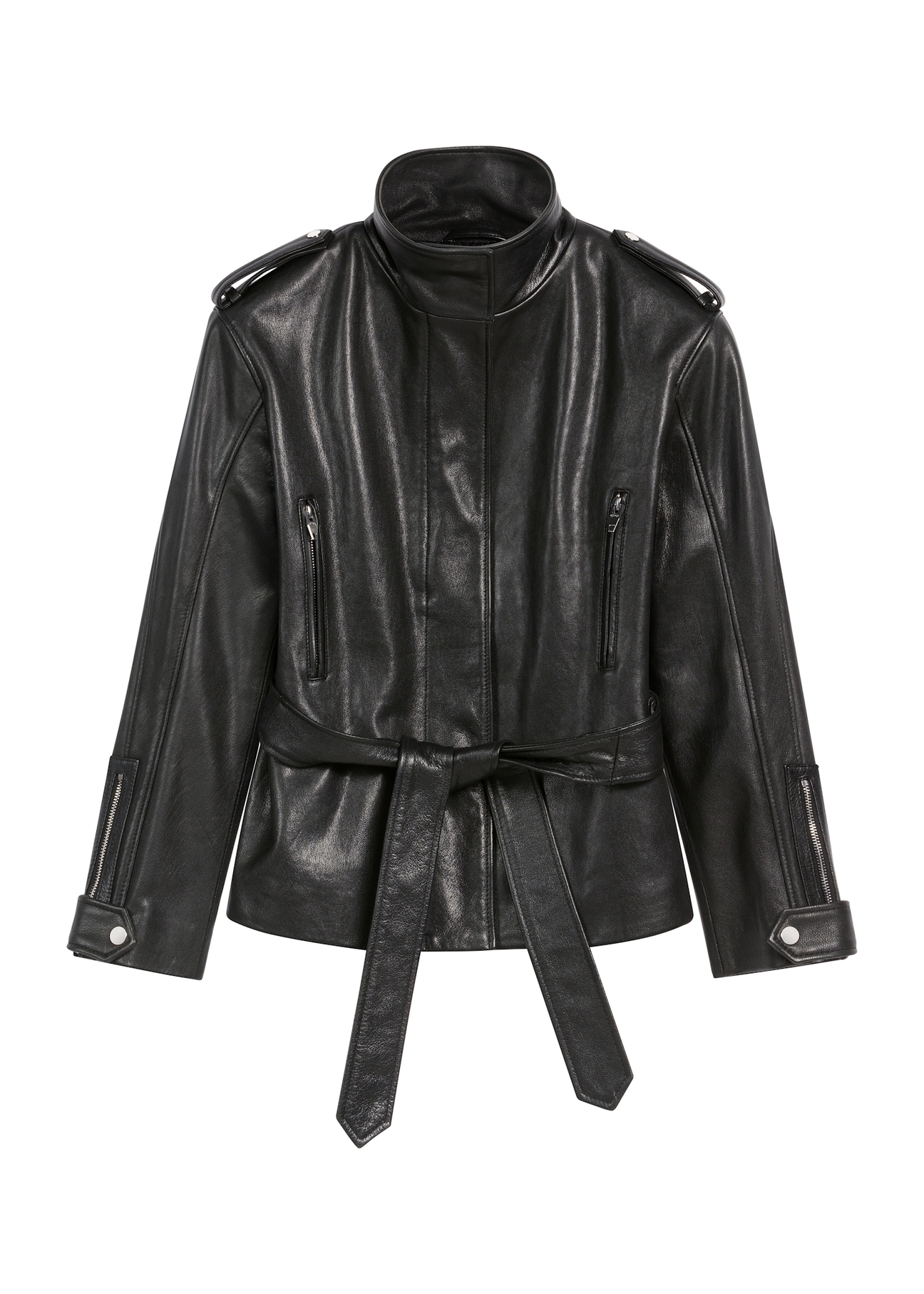 Women's black leather jacket with belt KURDS-0564-0756(Z25), product view from the front on a white background.