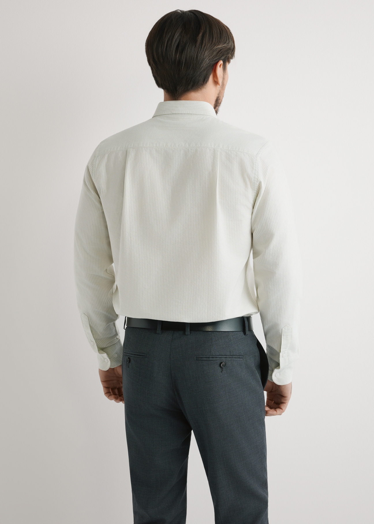 Men's sage striped cotton shirt KOSMT-0354-8F(W26) - back view of the product, on a model, against a light background. Knee-length silhouette visible.