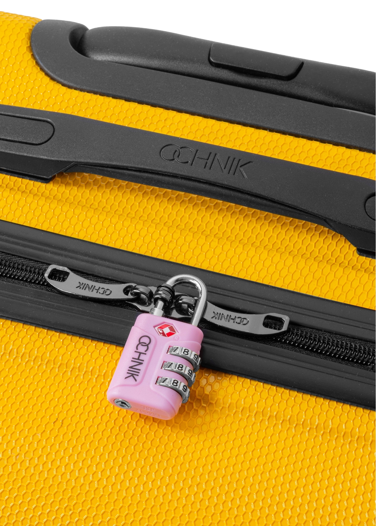 Pink TSA combination padlock AW-015-0003-34(W25), product view on suitcase on white background.