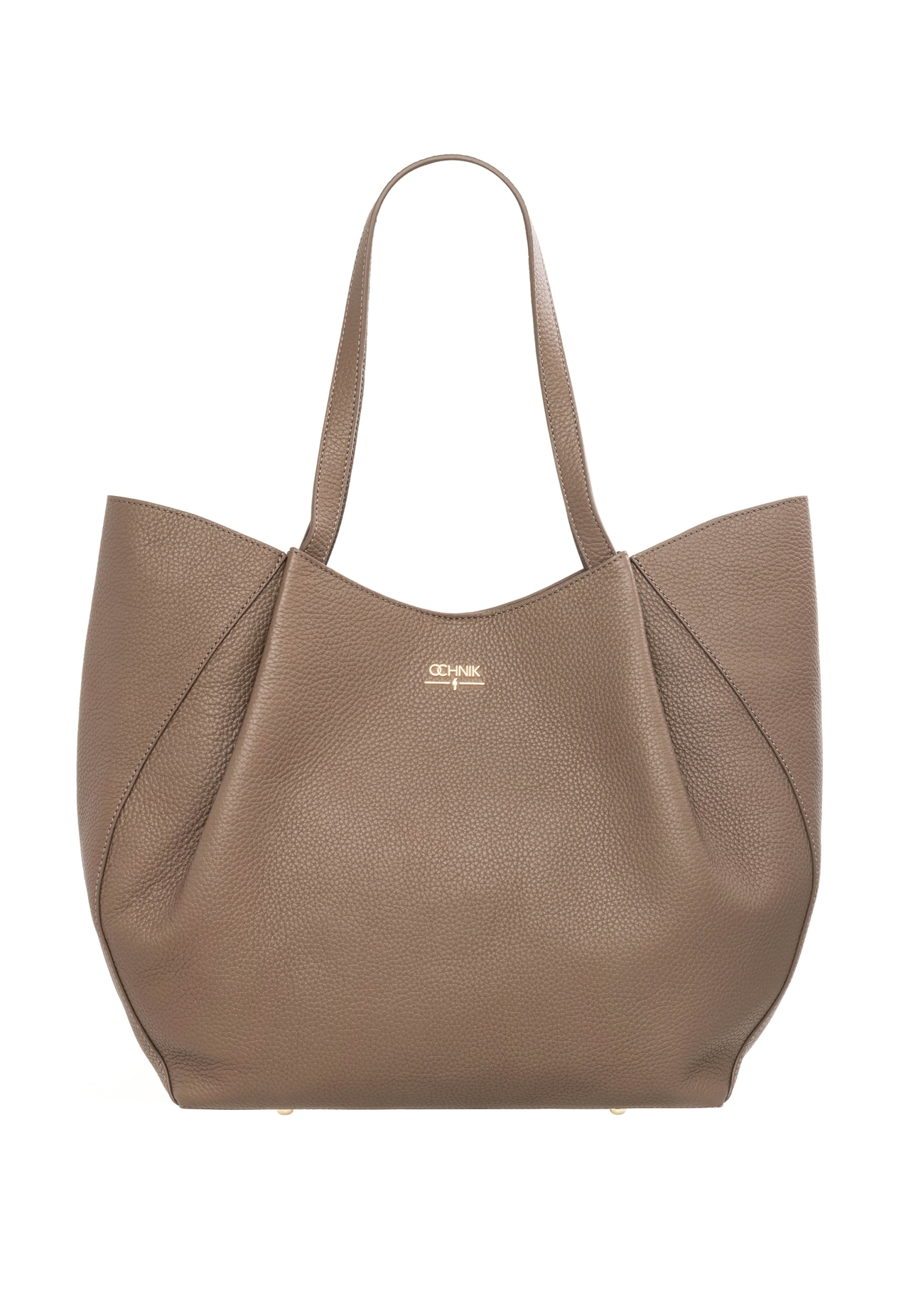 Women's leather shopper bag in cool beige color TORES-1358-1K(Z26), front product view on white background.