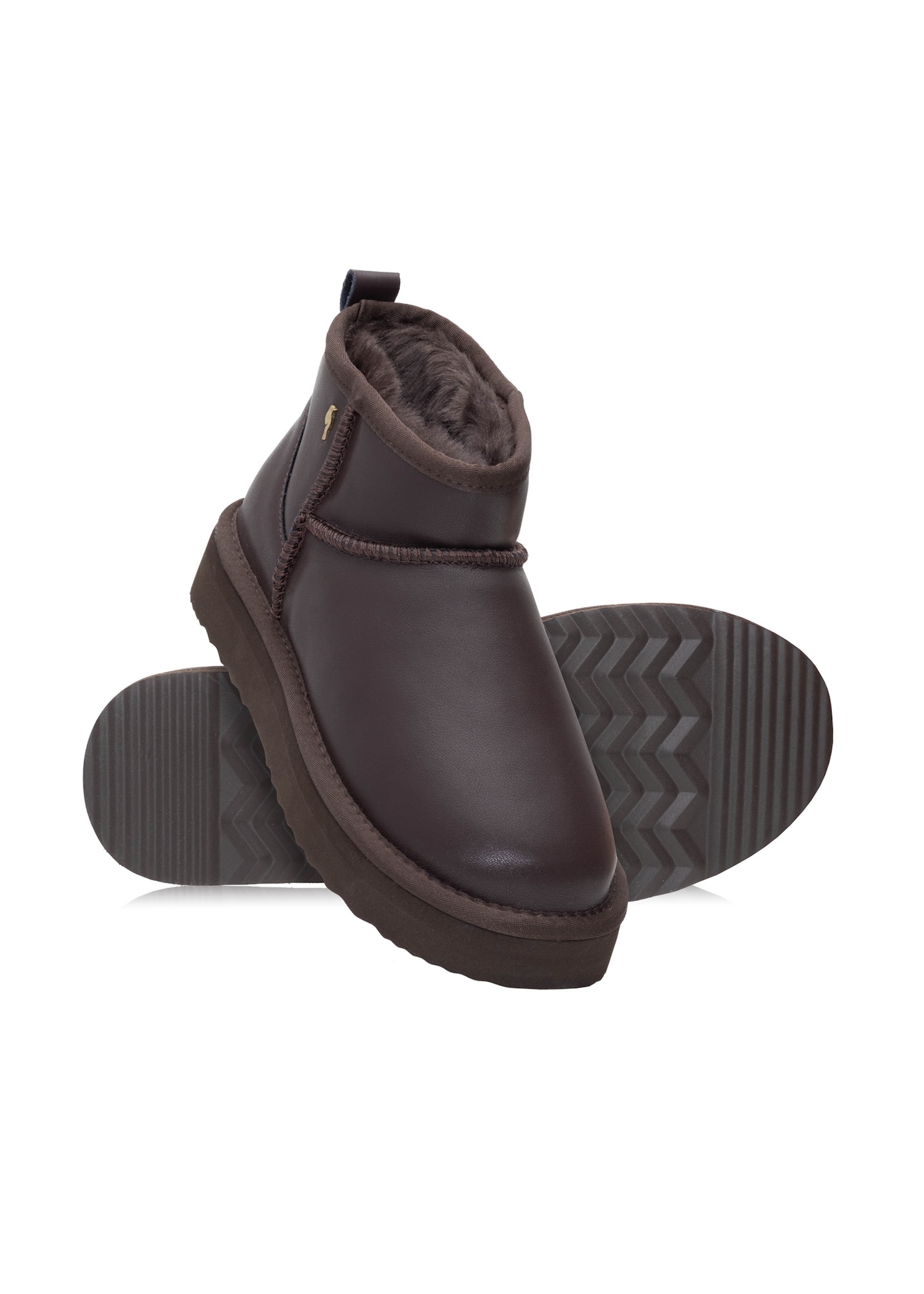 Brown leather women's snow boots BUTYD-1219-89(Z25), diagonal product view on a white background.