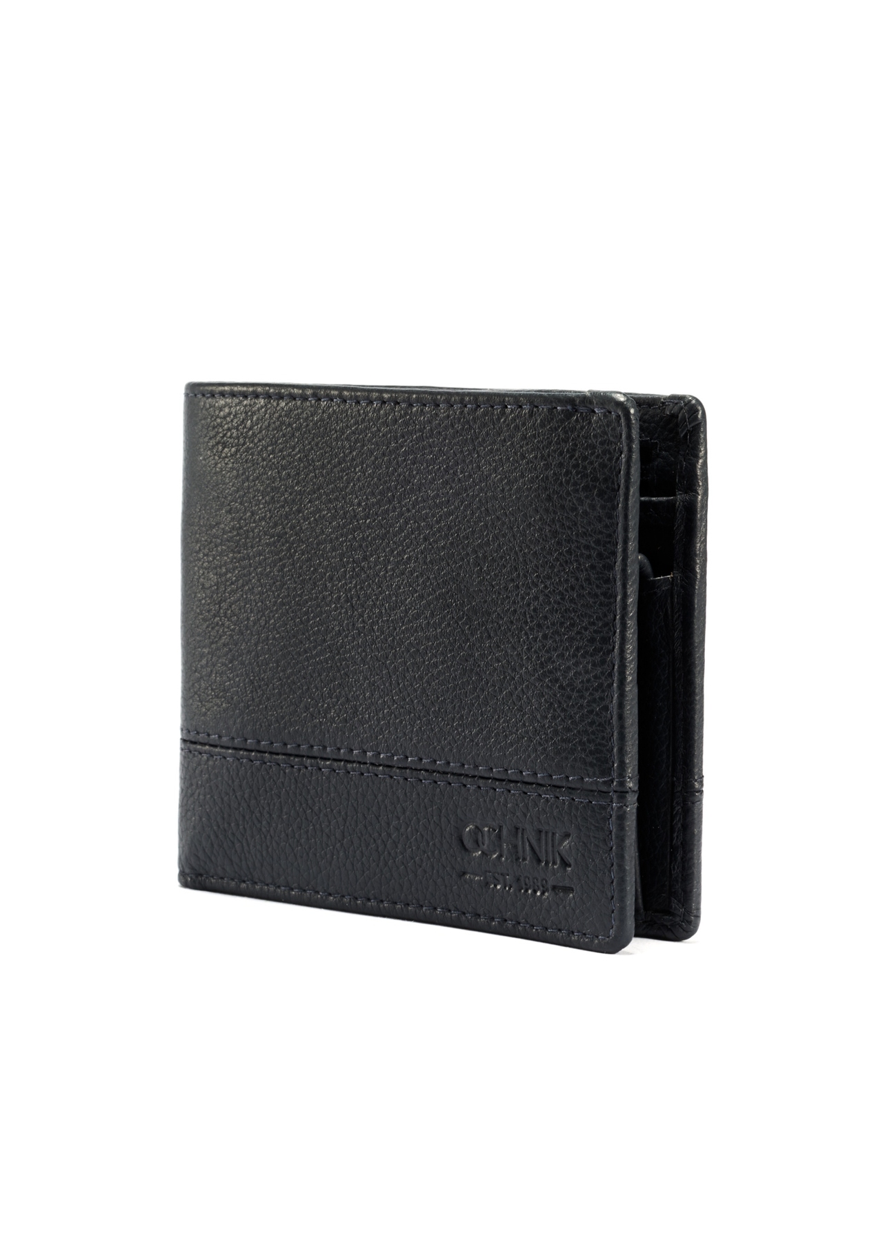 Navy blue men's leather wallet PORMS-0009B-69(W25), diagonal view of the product on a white background.