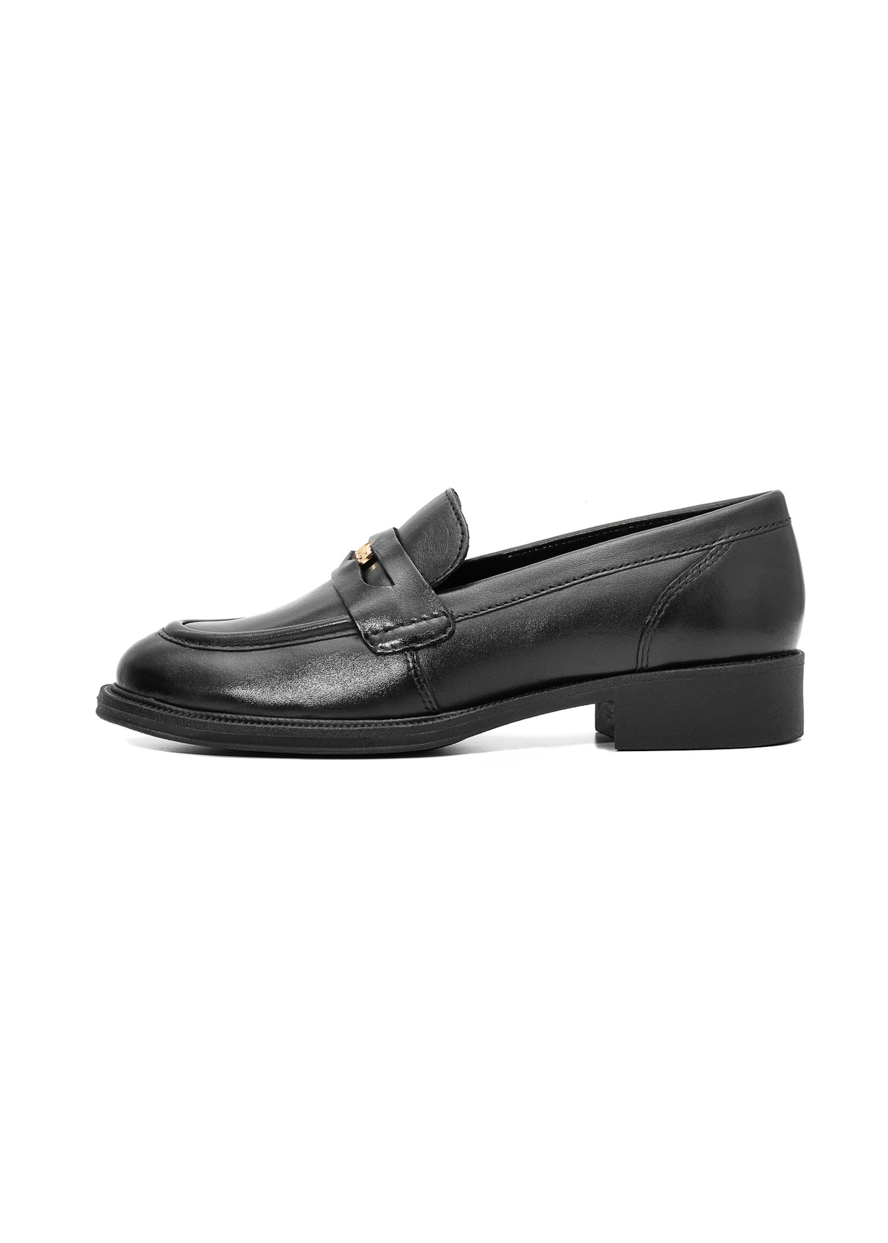 Women's black leather moccasins with logo BUTYD-1199-99(Z25), side view of the product on a white background.
