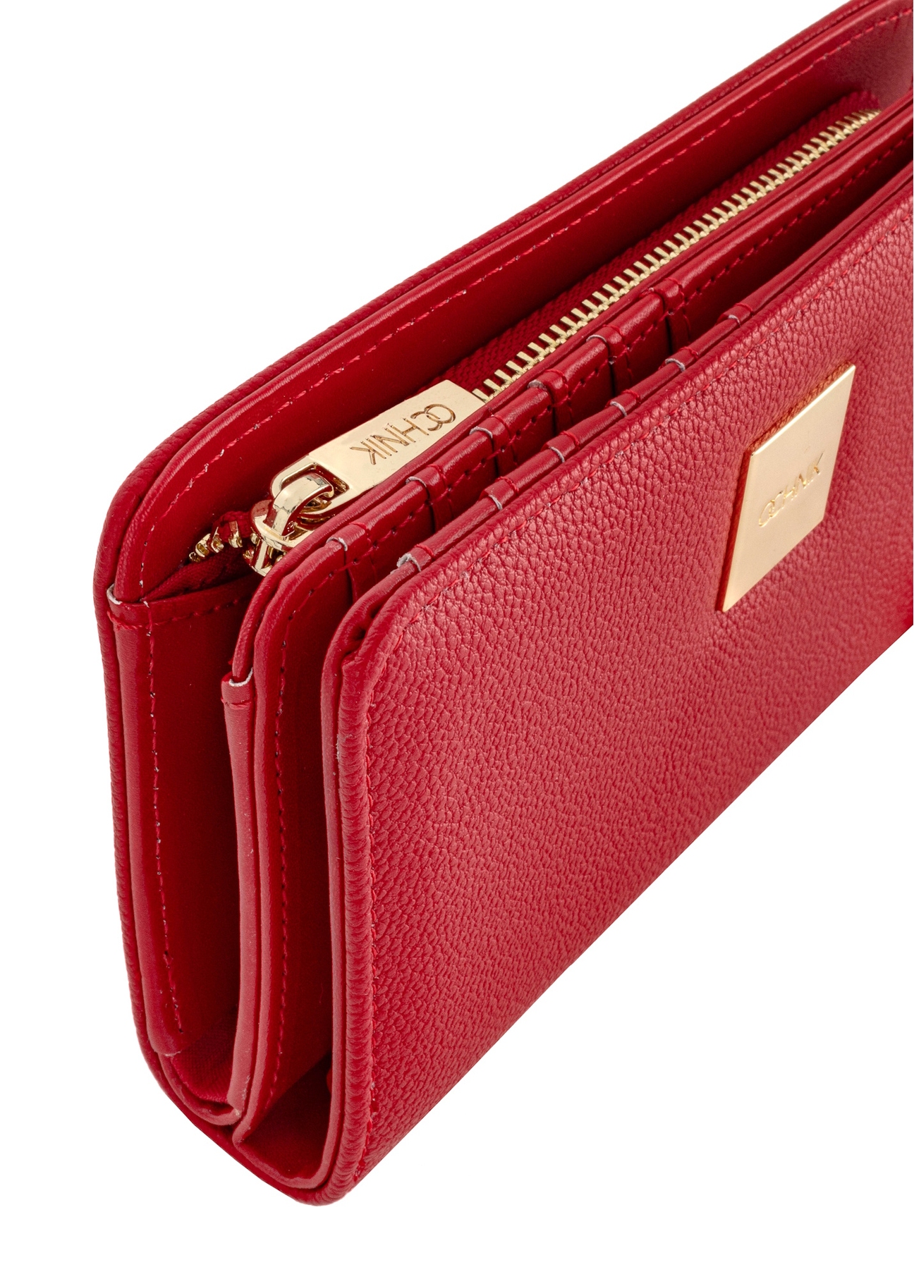 Red women's wallet with logo POREC-0362-4A(W26), close-up of product detail on white background.