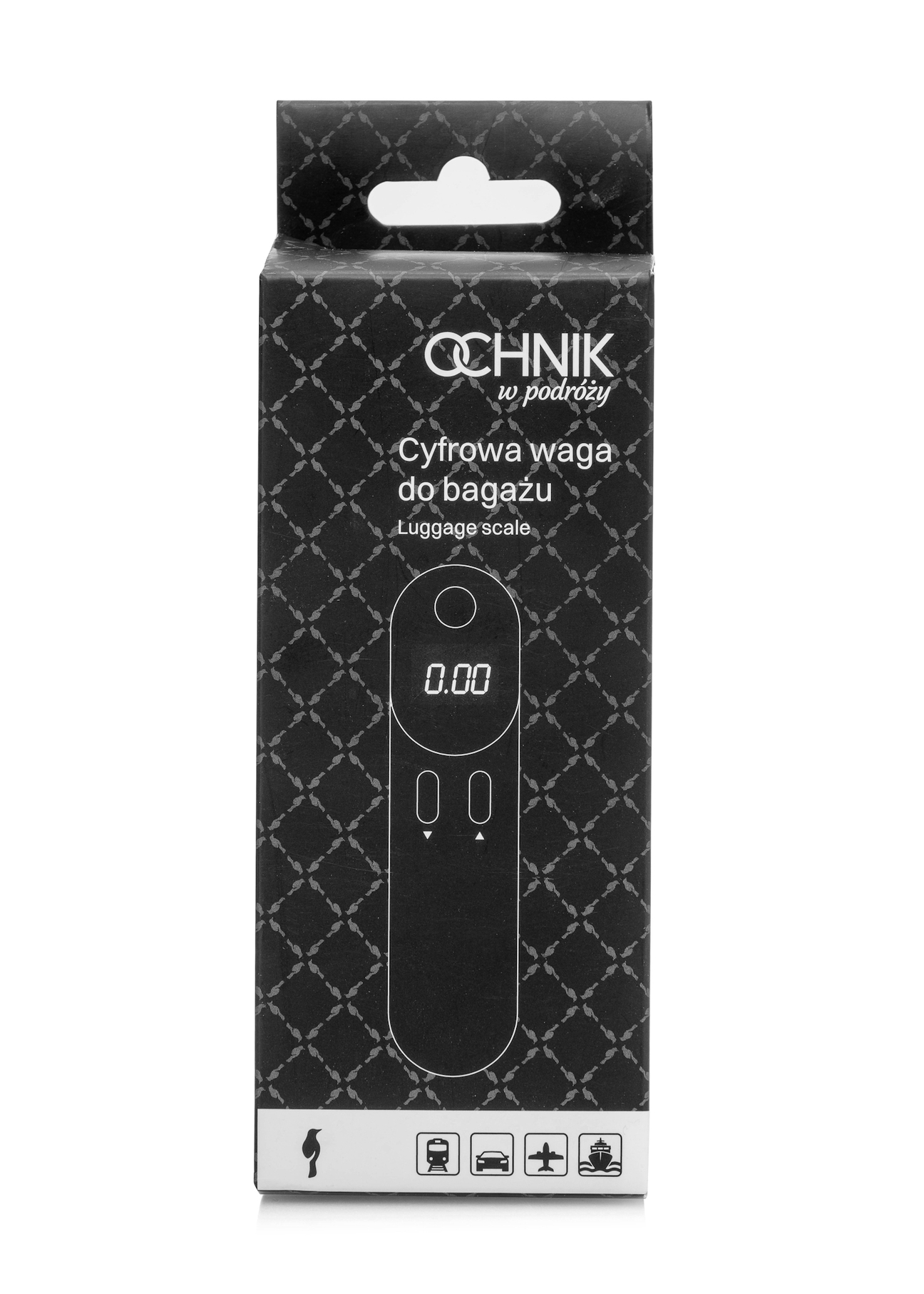 Digital luggage scale AW-010-0002-99(W25), front view of the product in the package on a white background.
