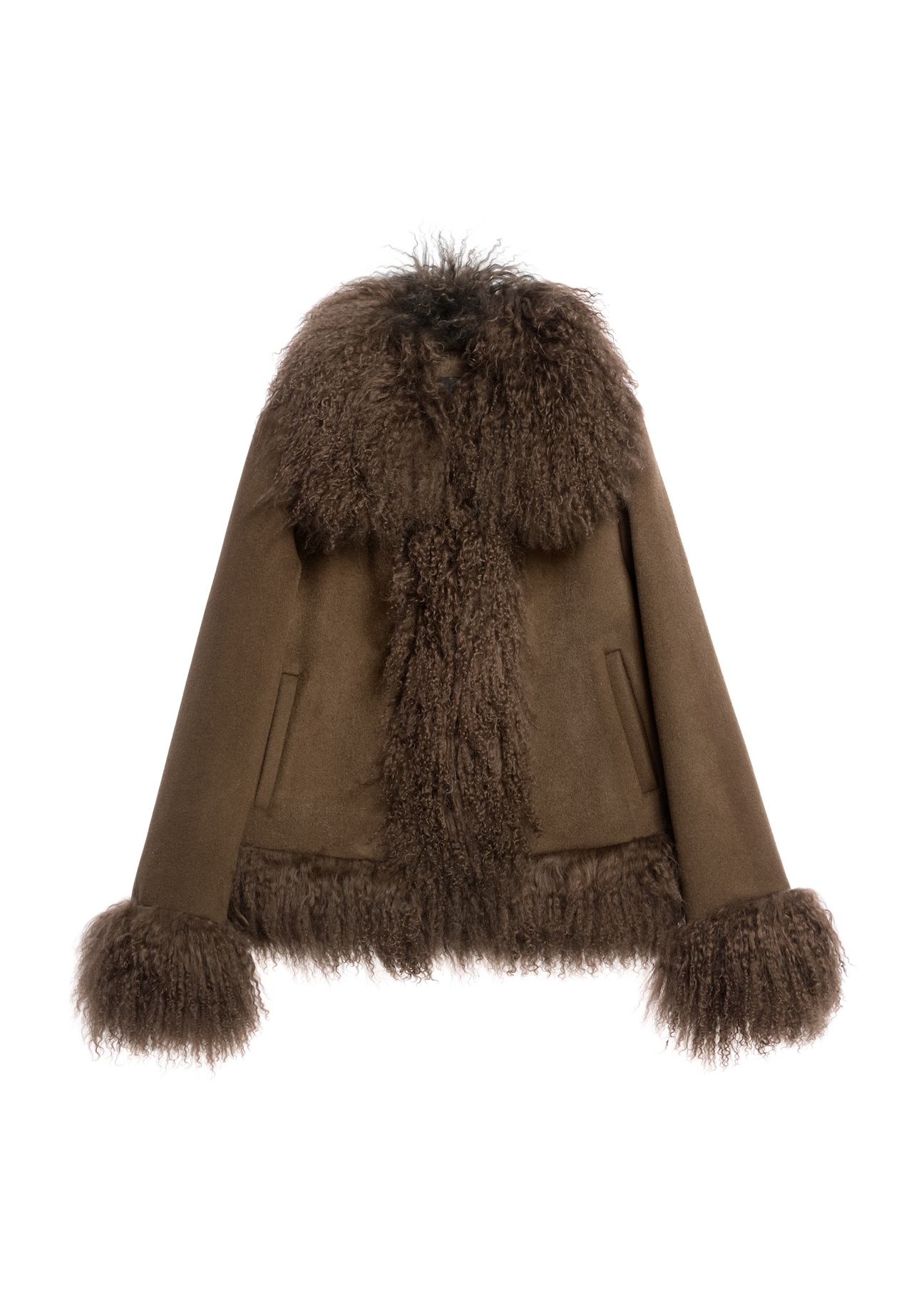 Brown women's wool fur coat FUTDF-0113-3182(Z25) - front product view on white background.