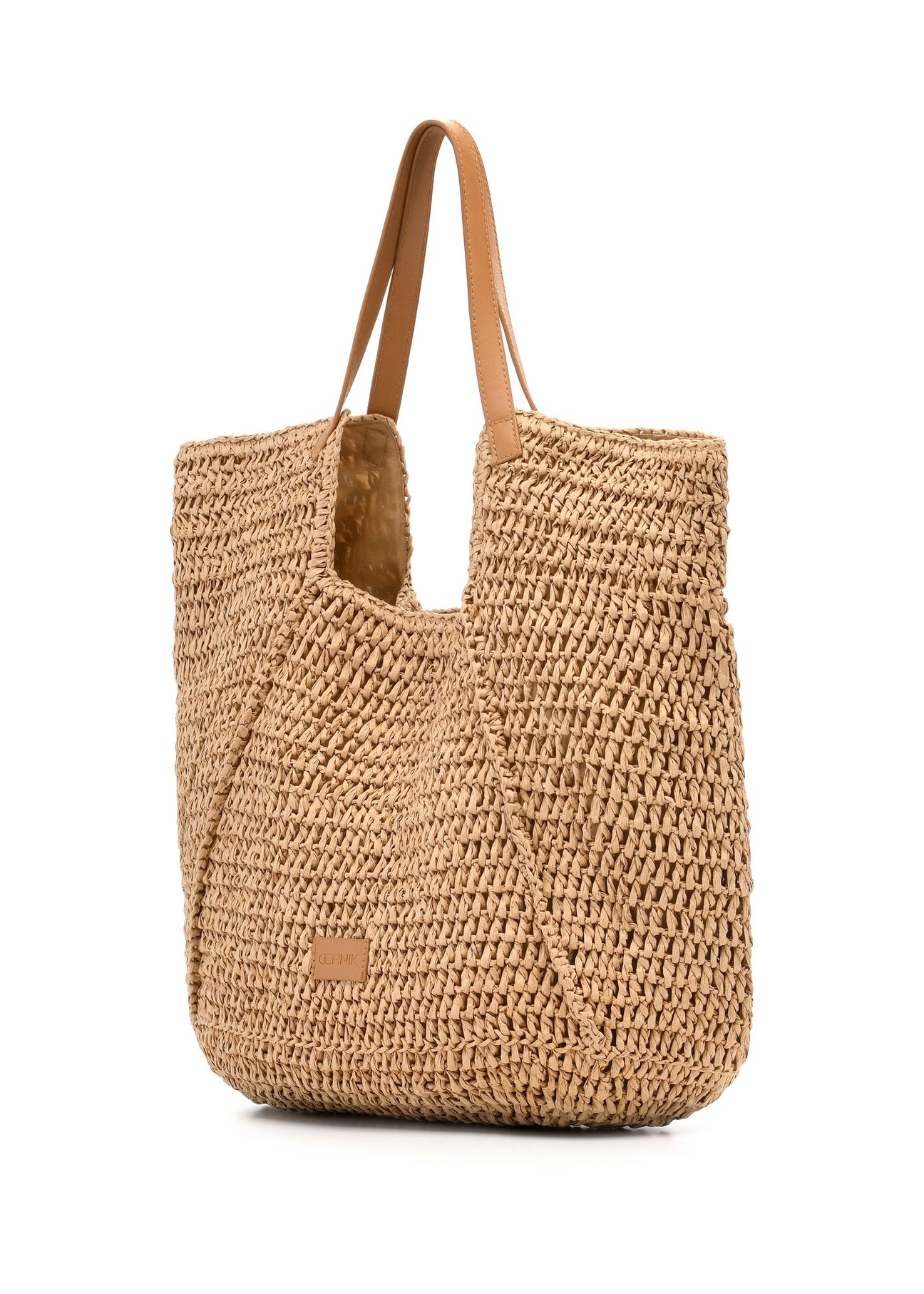 Beige straw shopper bag TOREC-1223-1E(W26) - diagonal product view, on a white background.