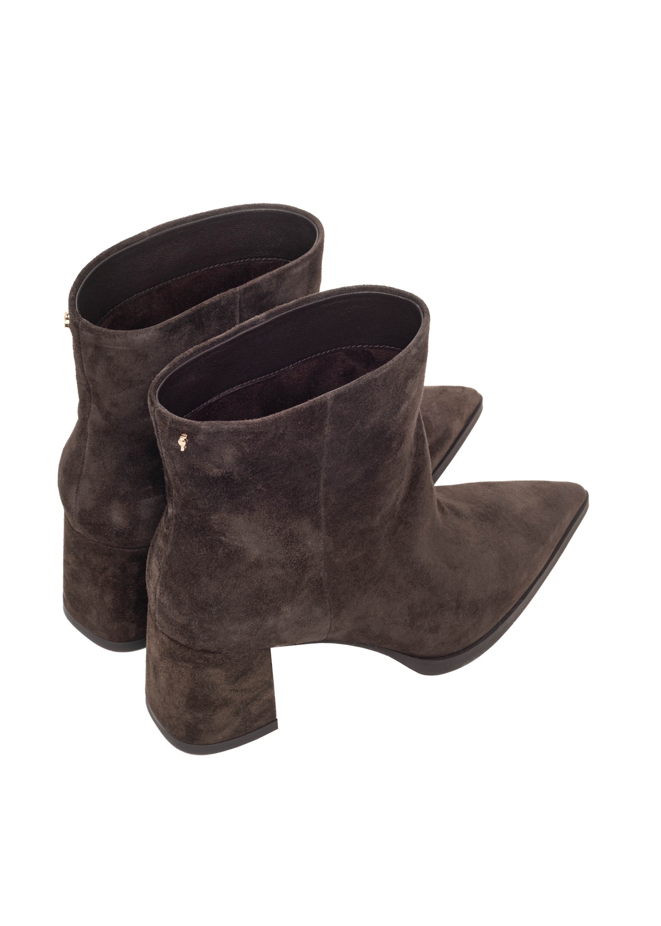Dark brown suede women's ankle boots BUTYD-1337-1I(Z26), product view from the back on a white background.
