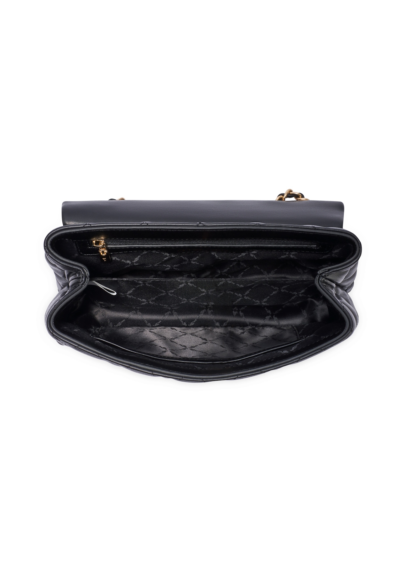 Black quilted women's handbag on a chain TOREC-1117-99(W26), product view inside on a white background.