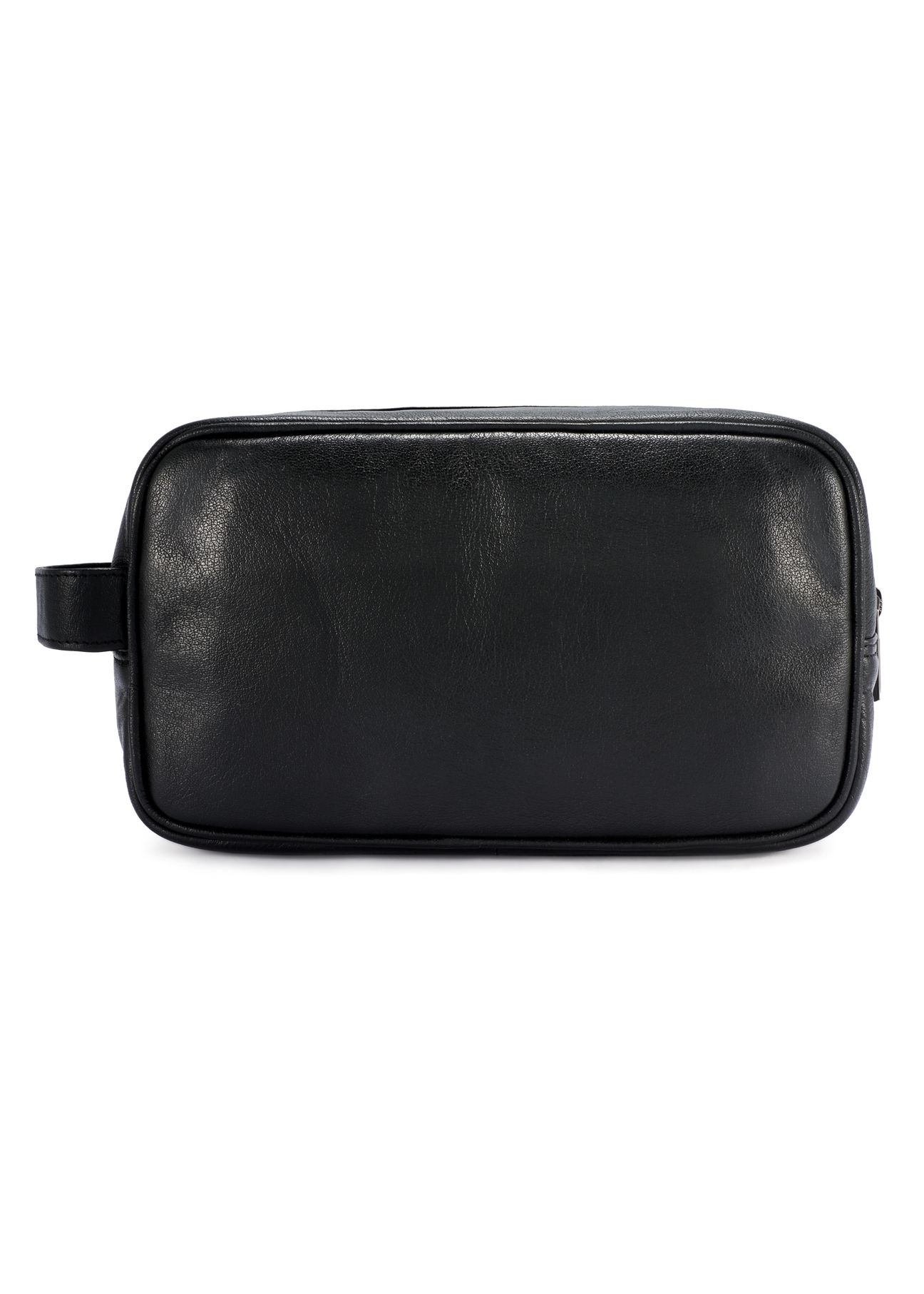 Black leather men's cosmetic bag TORMS-0490-99(W26), product view from the back on a white background.