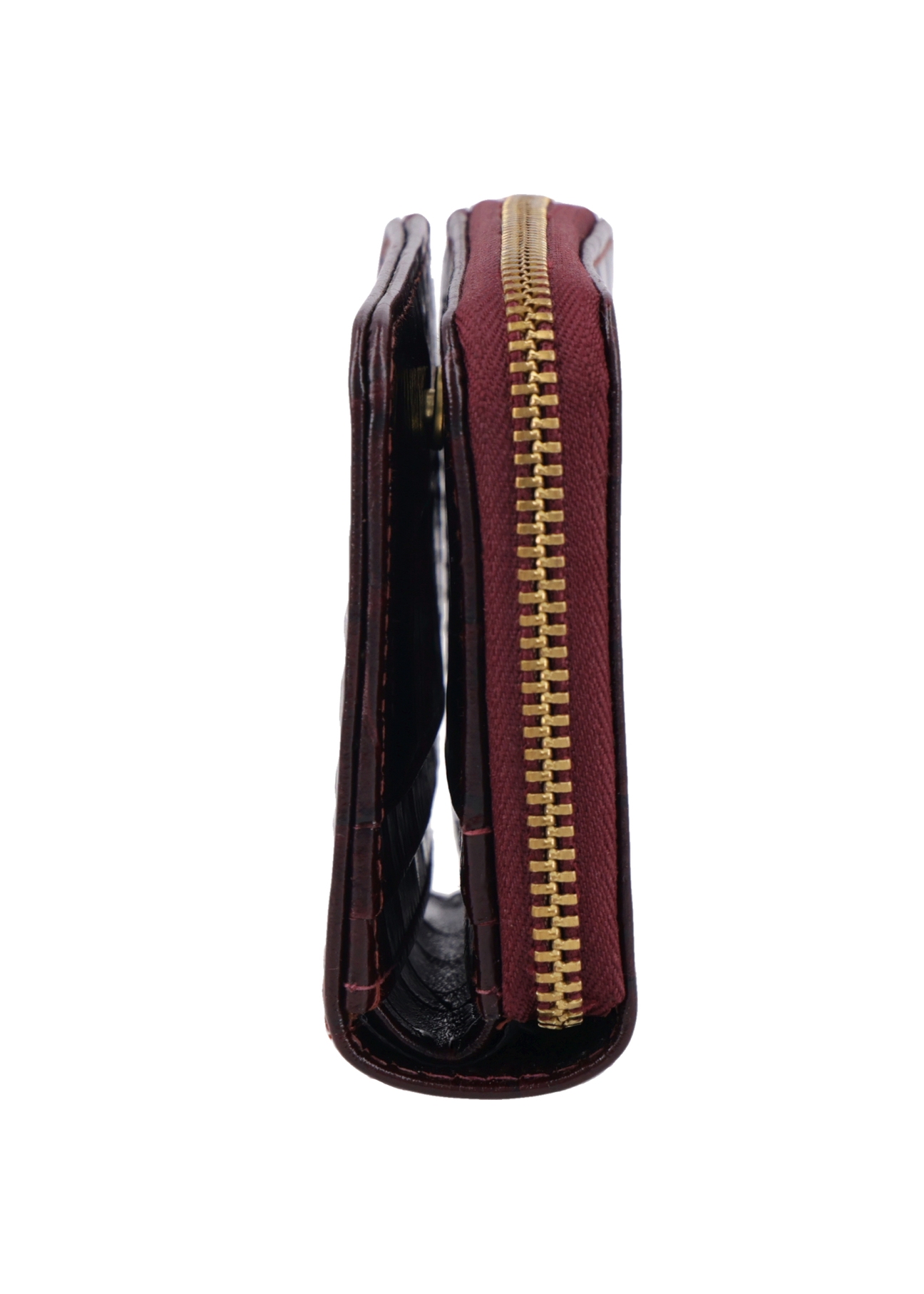 Burgundy women's croco wallet PORES-0888B-4D(Z26), side product view on white background.