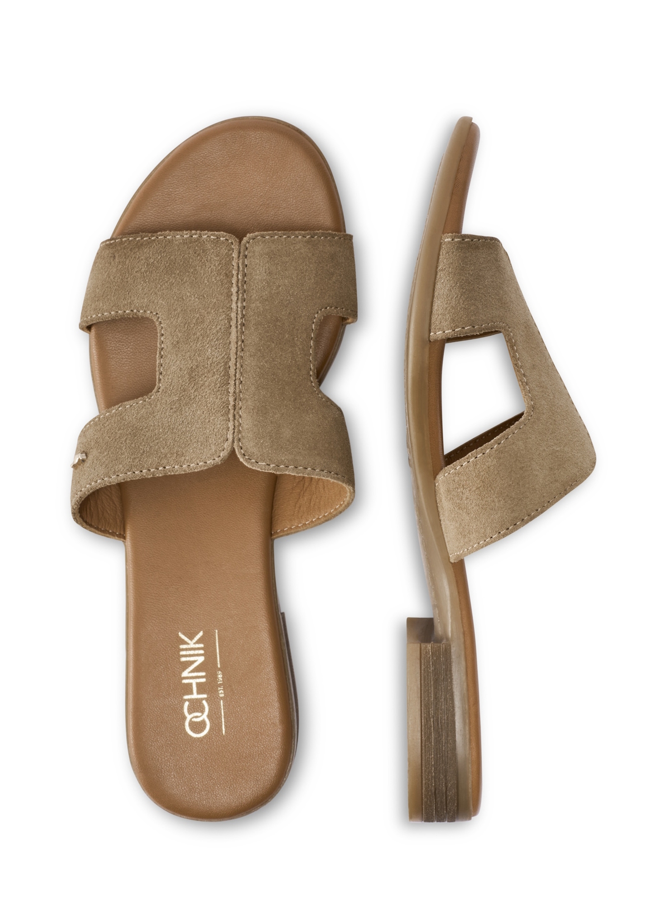 Women's leather slides in cool beige color BUTYD-1064A-1K(W26), product view from above on a white background.