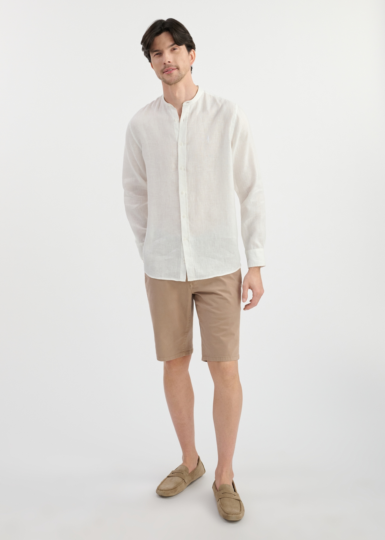 White linen men's shirt KOSMT-0337-12(W25) - front view on a model on a white background. Full silhouette visible.