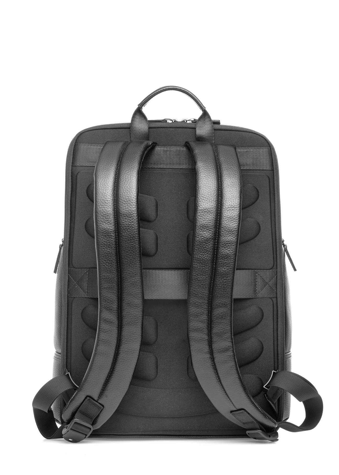 Black spacious leather backpack PLCMS-0023-99(Z25), product view from the back on a white background.