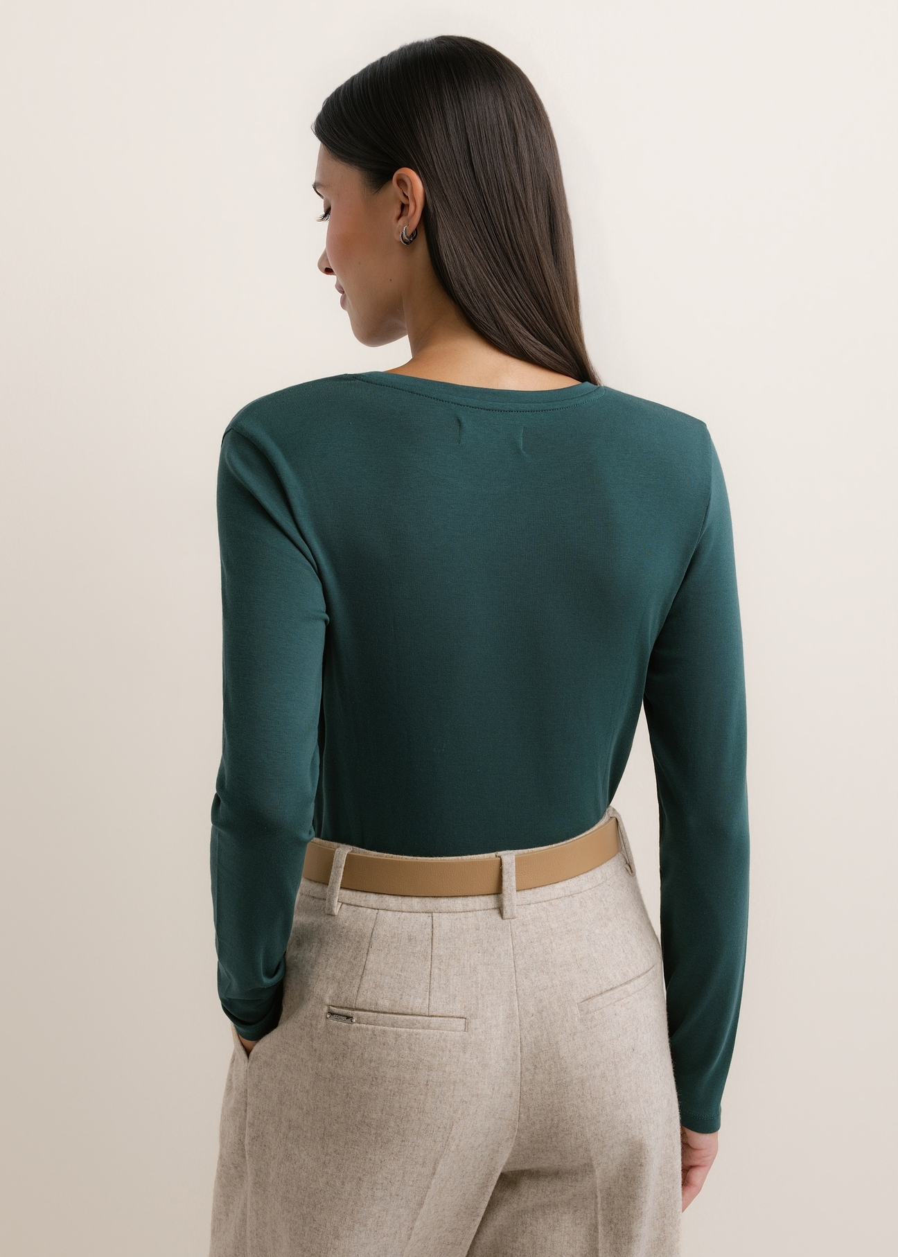 Turquoise women's long-sleeved blouse LSLDT-0057-7F(Z26), rear view on a model. Half of the figure is visible.