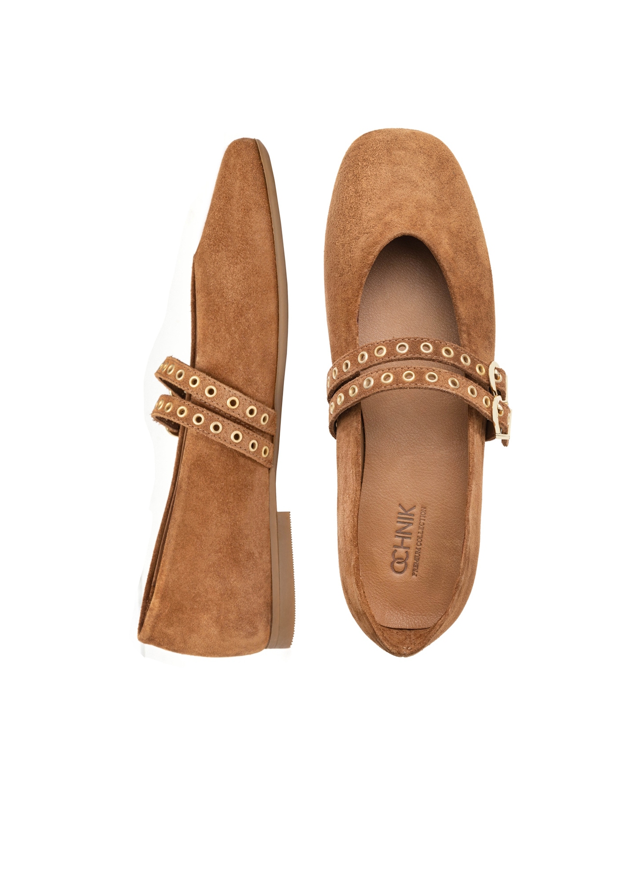 Women's suede ballet flats in camel color BUTYD-1243-1D(W26), product view from above on a white background.