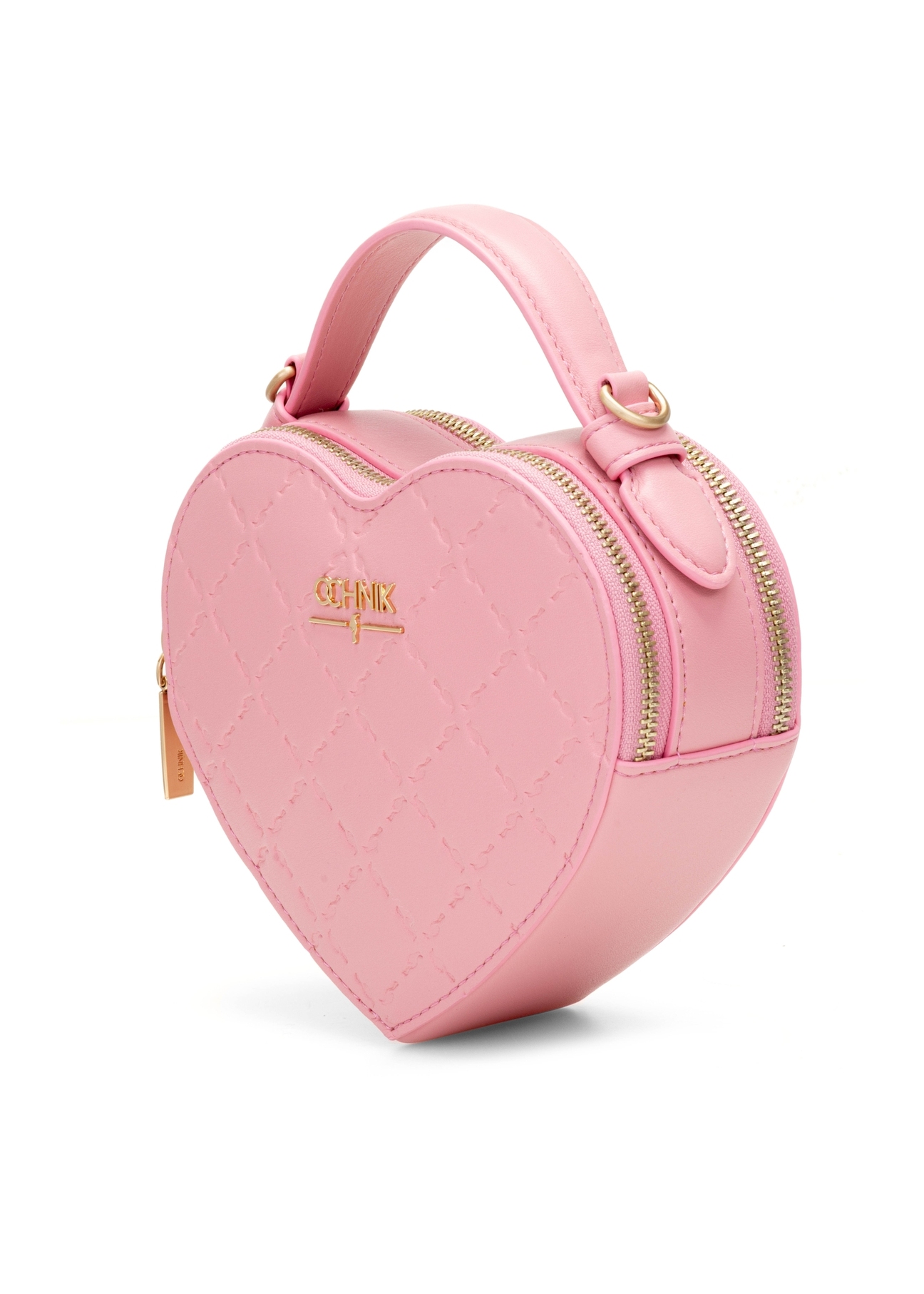 Pink heart-shaped handbag TOREC-1154-5B(W26), diagonal product view on white background.