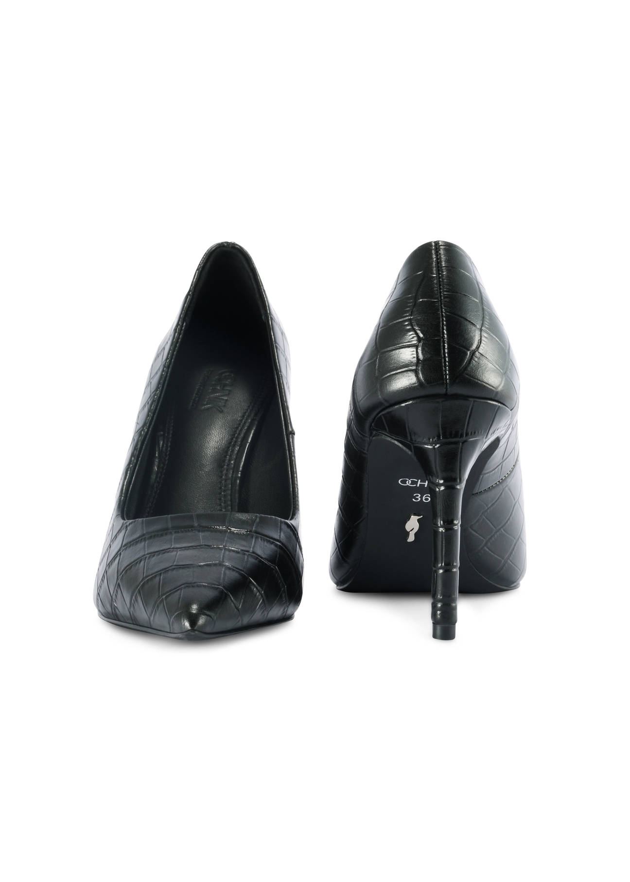 Women's leather croco high heels BUTYD-1211-99(Z25), product view from the front and back on a white background.