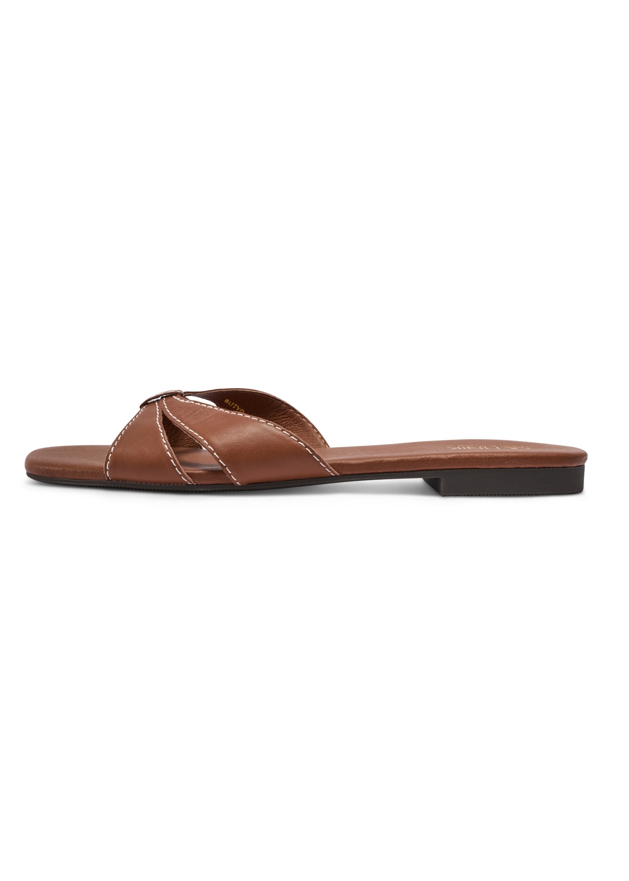 Camel leather women's flip-flops BUTYD-1227-1D(W26), side product view on white background.