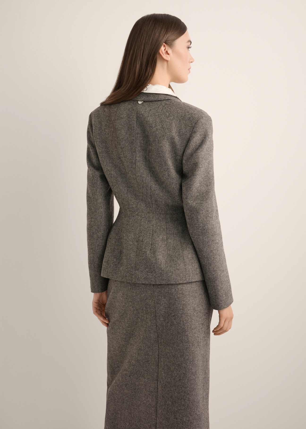 Women's gray wool jacket ZAKDT-0053-9D(Z26), product view from the back on the model, half of the silhouette visible.