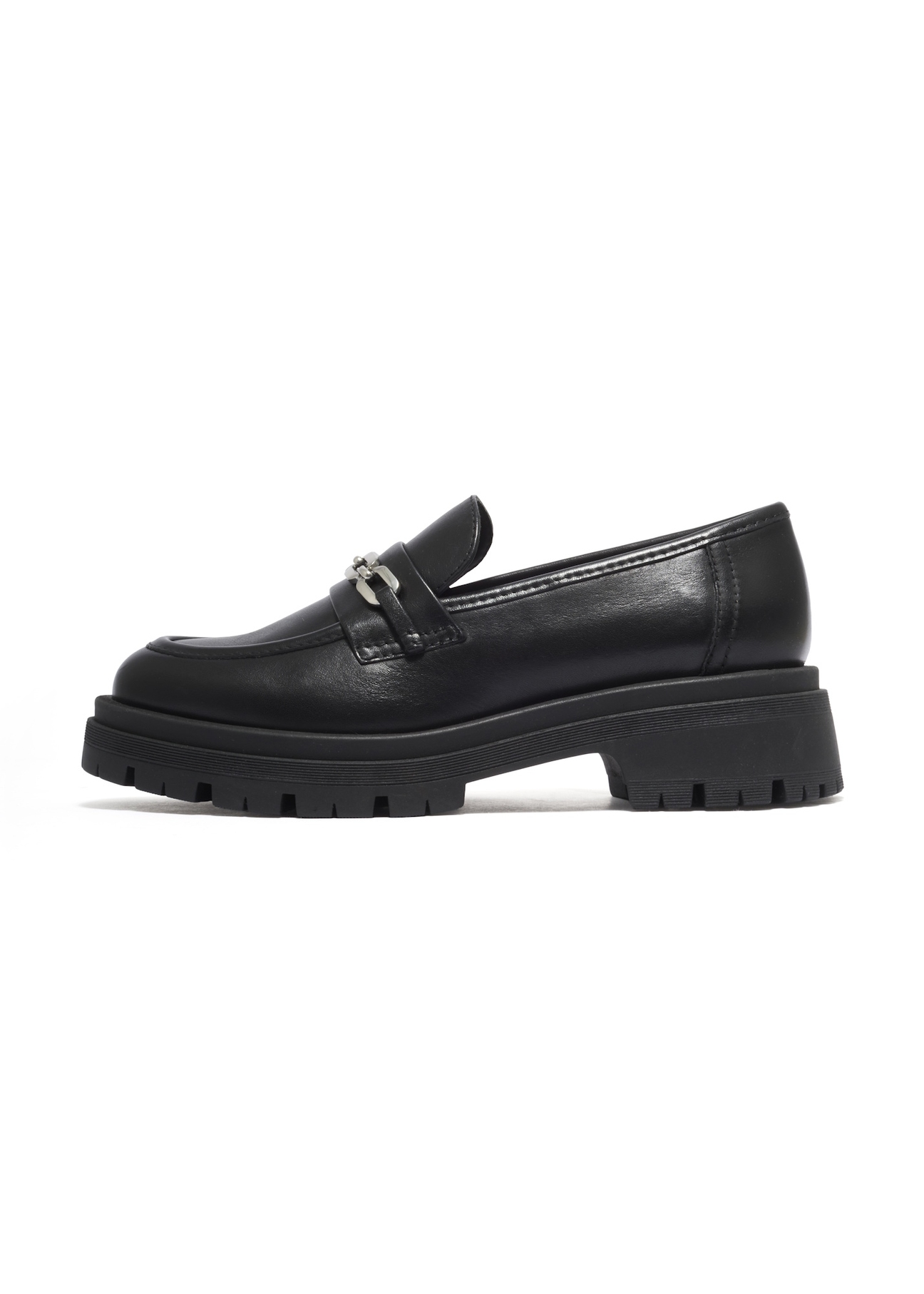 Women's black leather moccasins BUTYD-1190-99(Z26), side product view on white background.