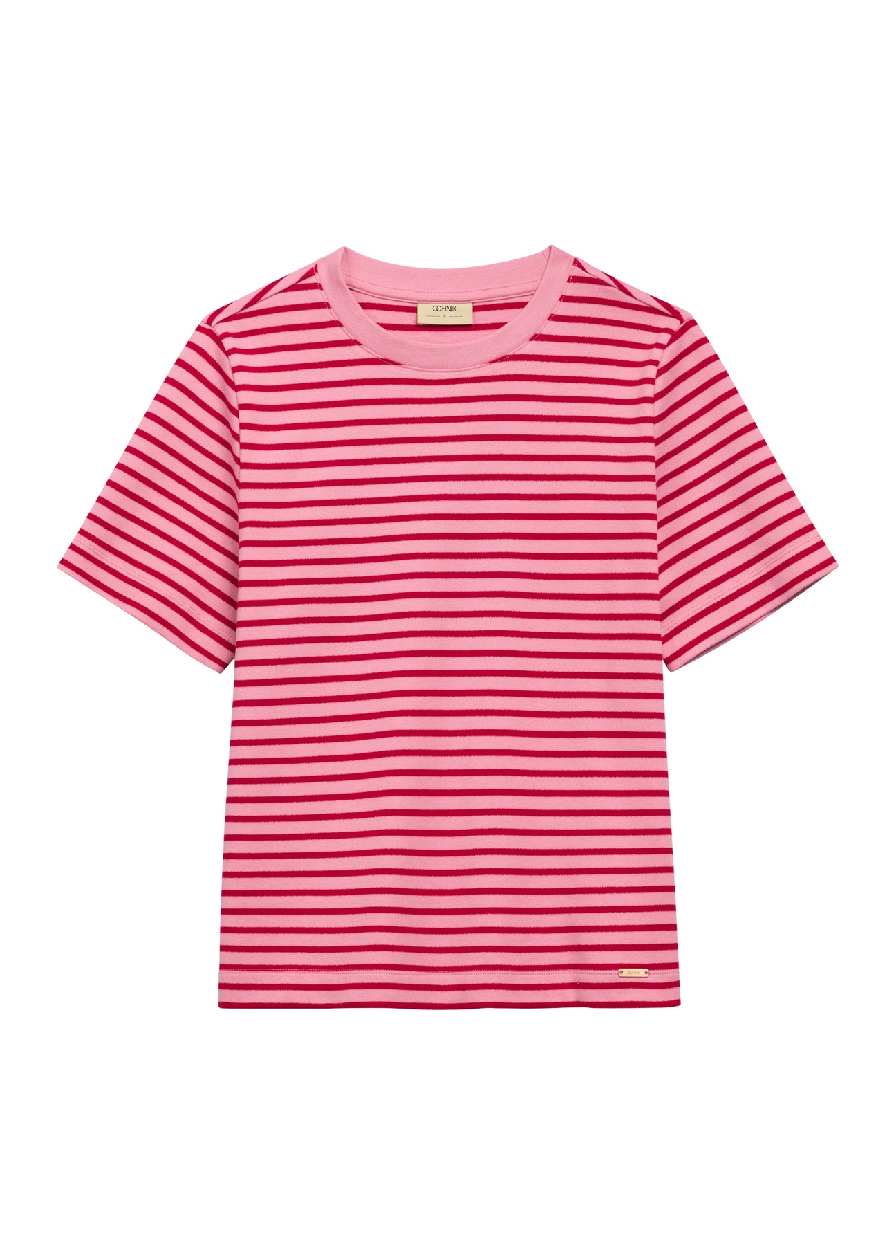 Pink women's striped T-shirt TSHDT-0150-5P(W26), front product view on white background.