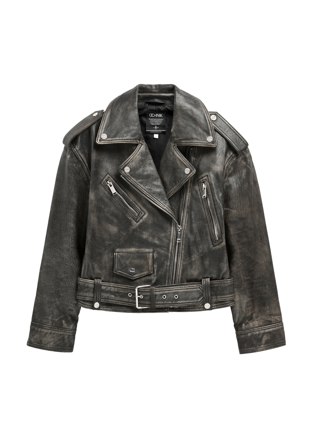 Women's short leather biker jacket KURDS-0434-99(W26) - front product view, on a white background.