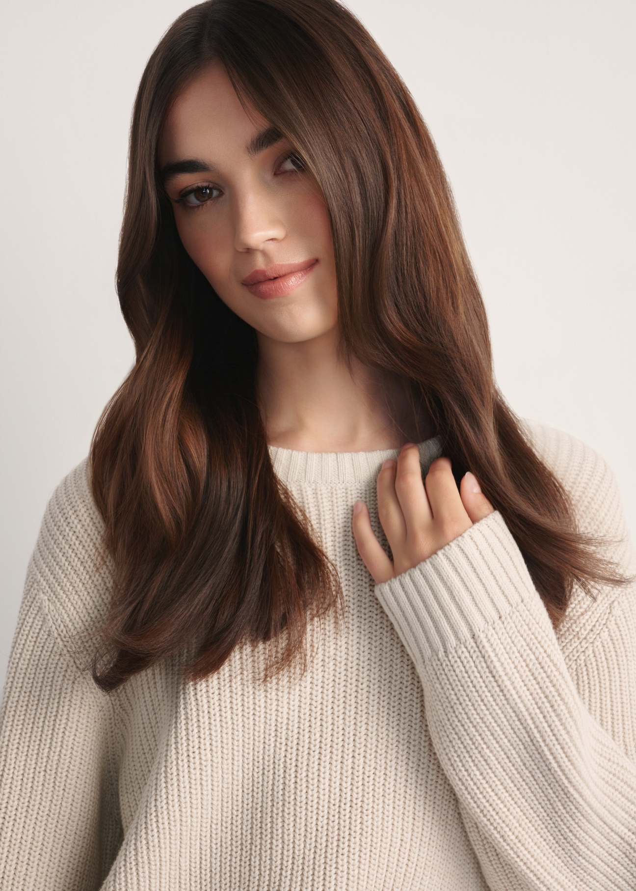 Beige women's sweater SWEDT-0238-81(Z25), close-up of the product on a model against a light background.