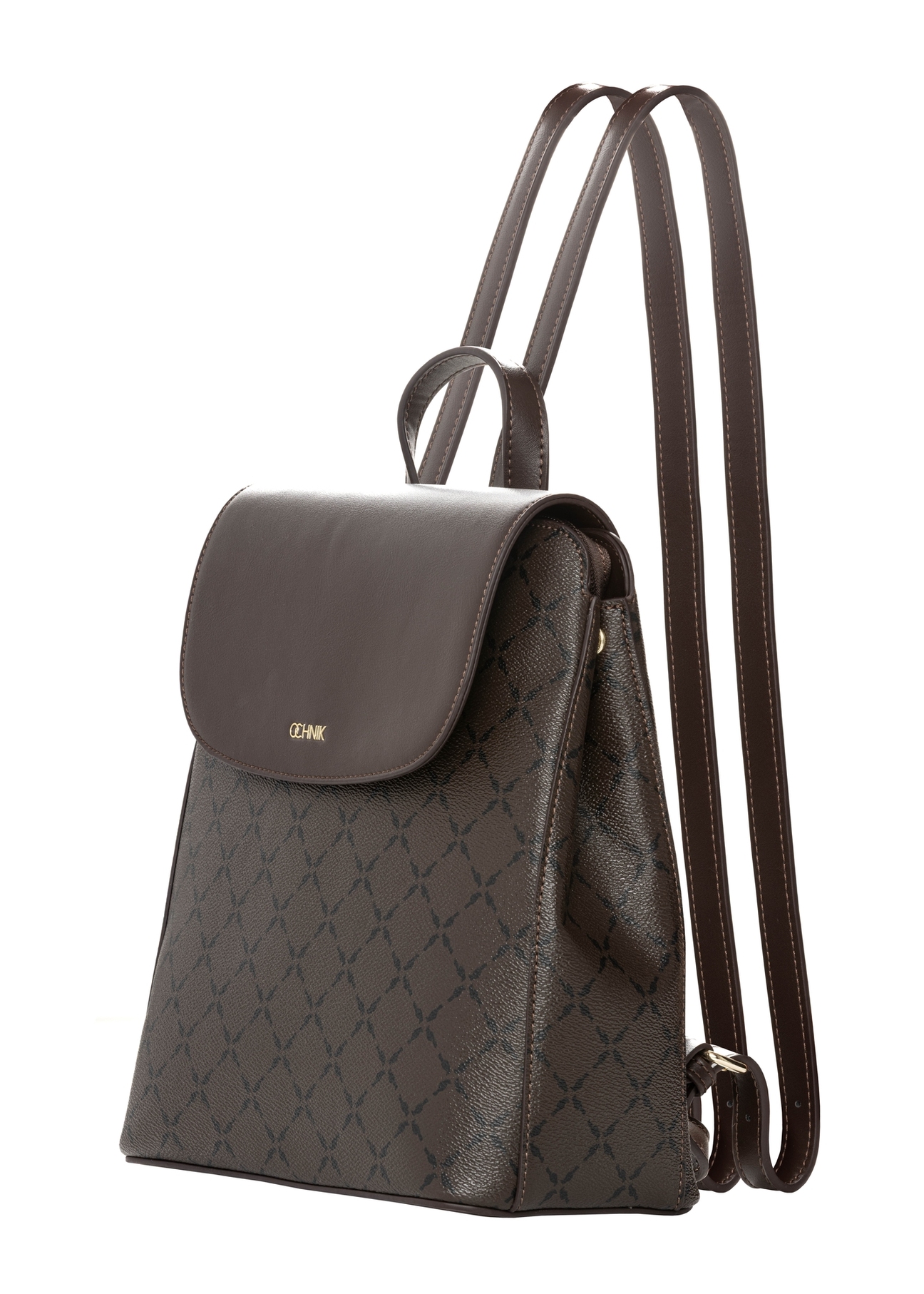 Brown backpack with monogram TOREC-1303-1P(Z26). Side view, diagonal, on a white background.