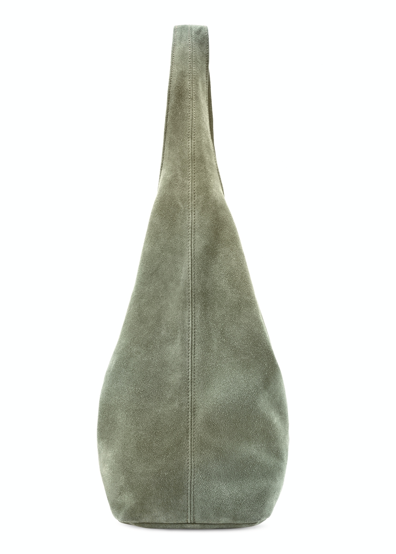 Sage suede women's shopper bag TORES-1177-8F(W26), side product view on white background.