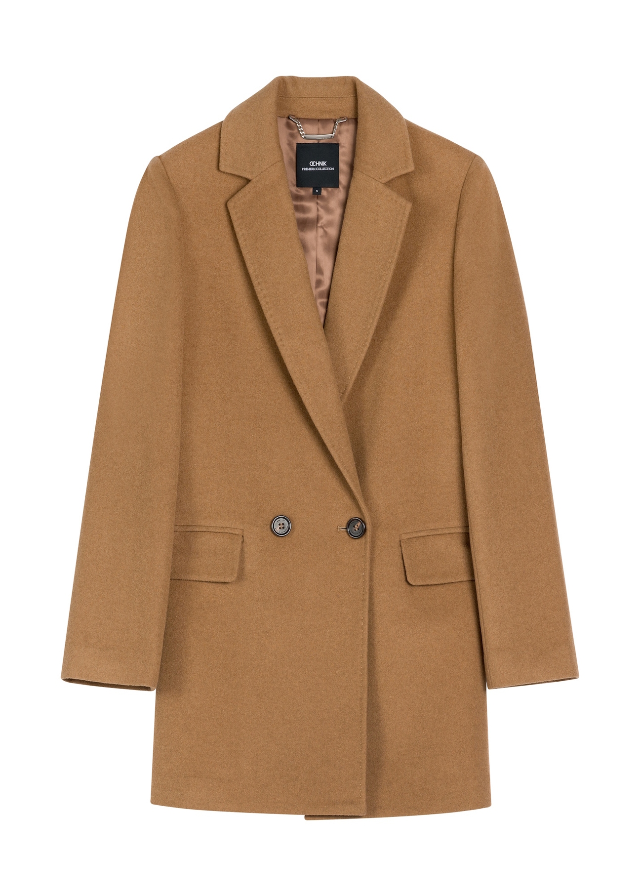 Women's woolen coat in camel color PLADT-0071-1K(Z26), front product view on white background.