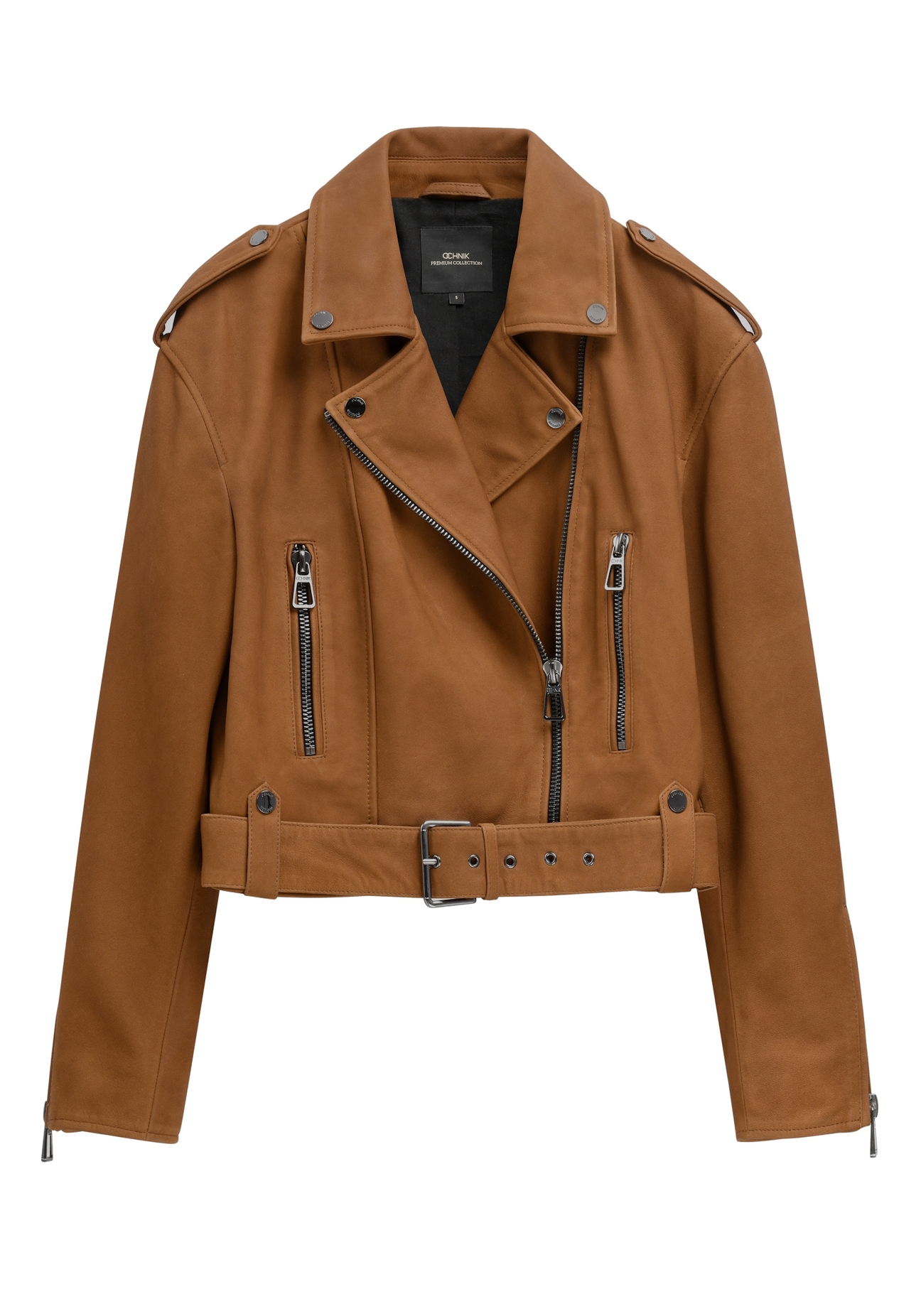 Cognac leather biker jacket KURDS-0610-1F(W26), front product view on white background.