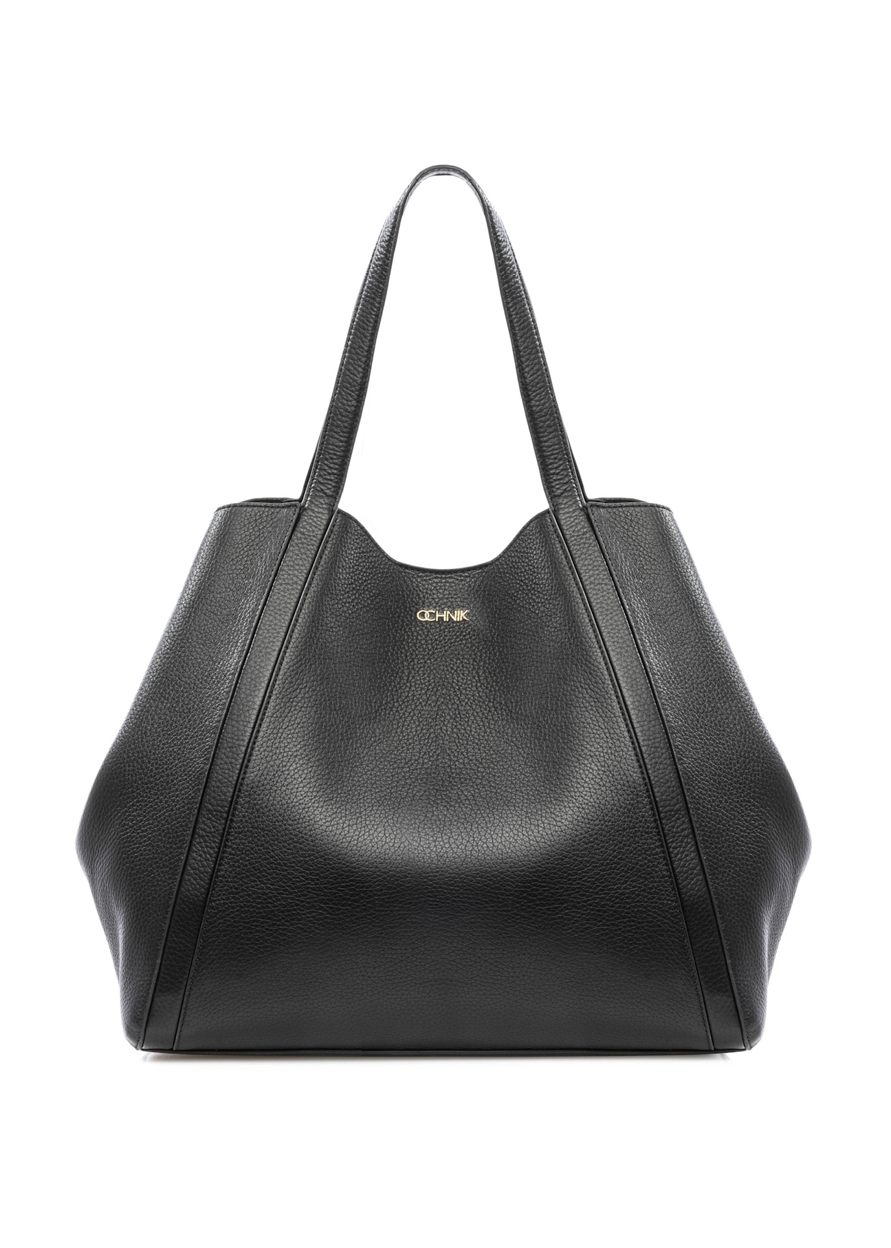 Black leather women's shopper bag TORES-1208-9I(W26), front product view on white background.