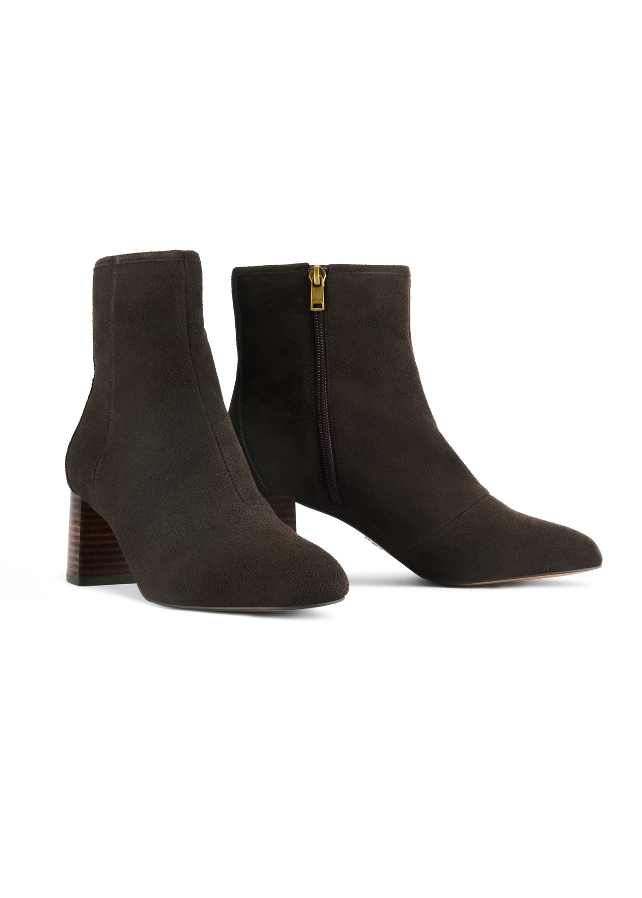Brown suede high-heeled ankle boots BUTYD-1218-89(Z25), diagonal product view on white background.