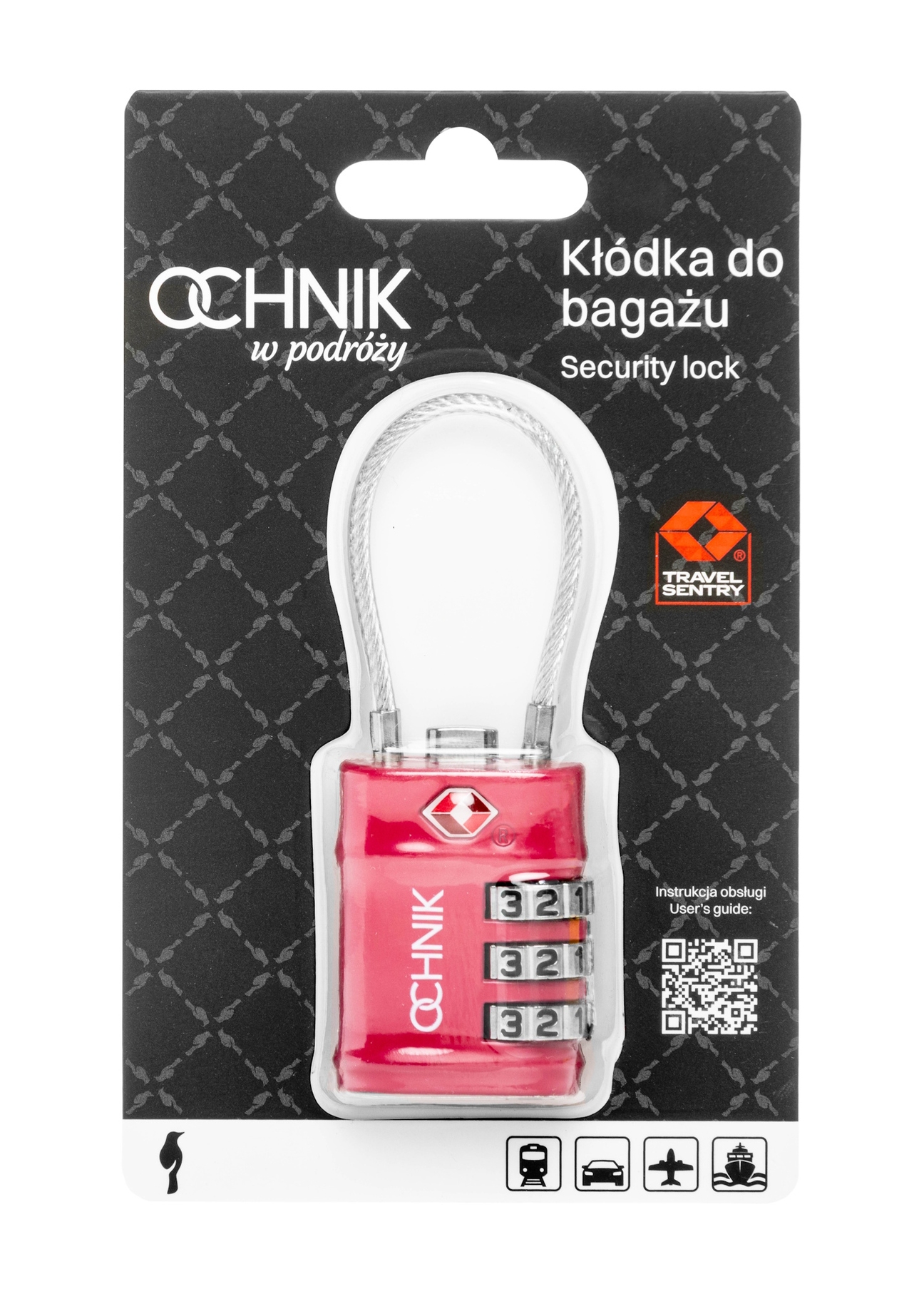 Fuchsia TSA combination padlock AW-015-0007-5E(W26), front view of the product in the packaging.