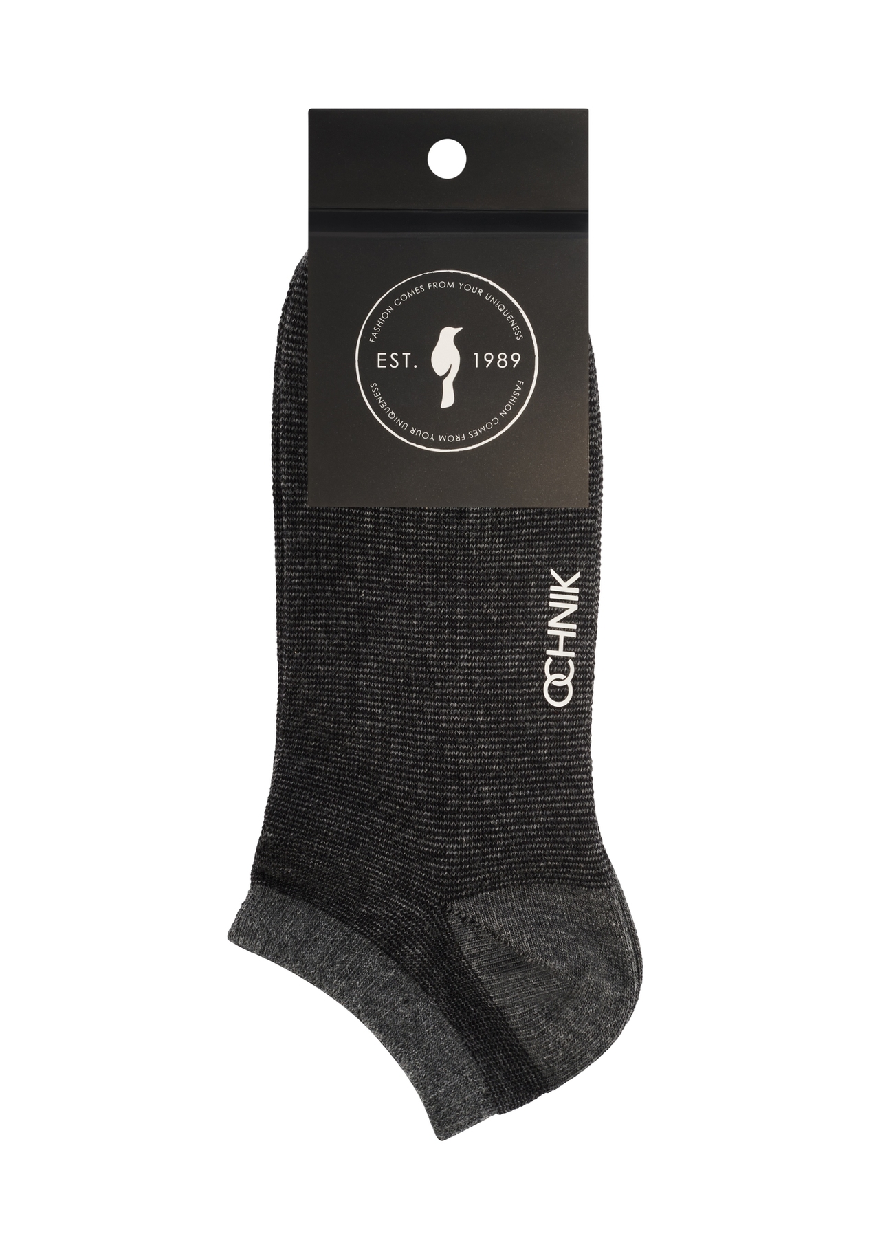 Men's gray striped socks SKAMT-0200-9B(W26), side view of the product in the packaging on a white background.