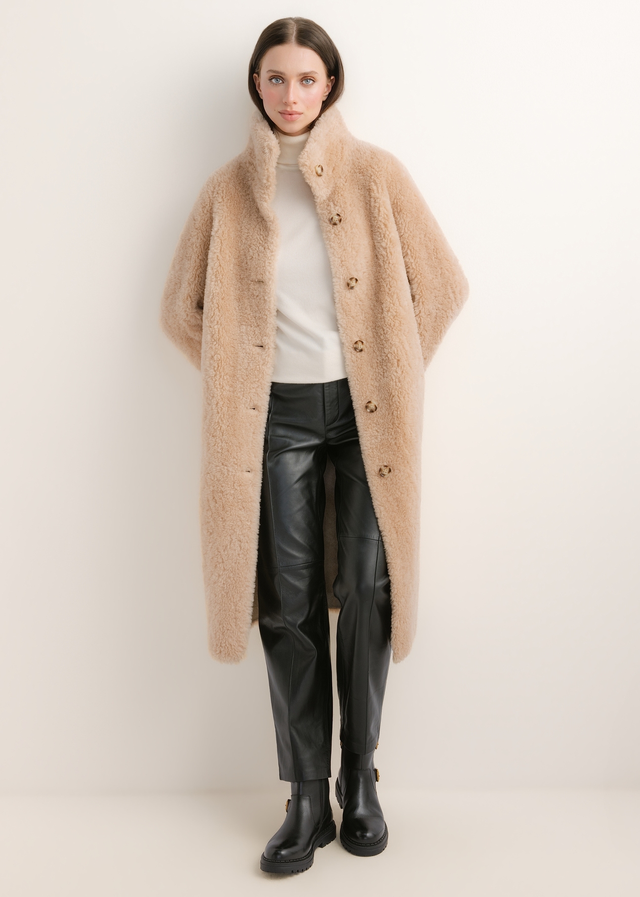 Cream women's wool coat FUTDW-0046-1A(Z26) – front view of the product on a model against a light background. Full-body shot.