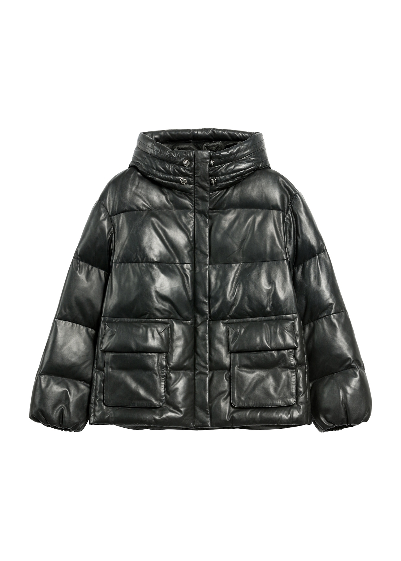 Black women's leather insulated jacket KURDS-0561-5344(Z25) - front product view on white background.