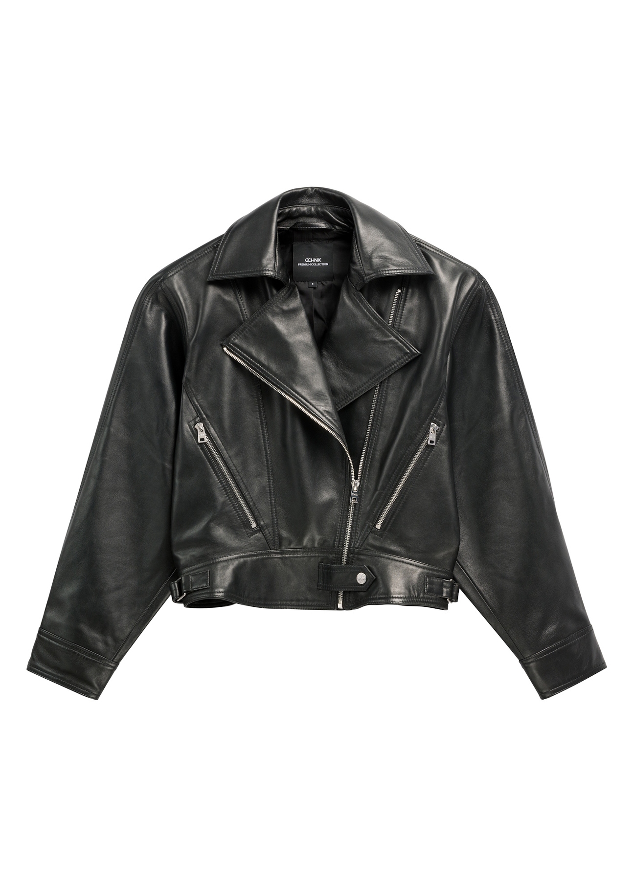 Women's short black leather jacket KURDS-0607-99(W26) - front product view, on white background.