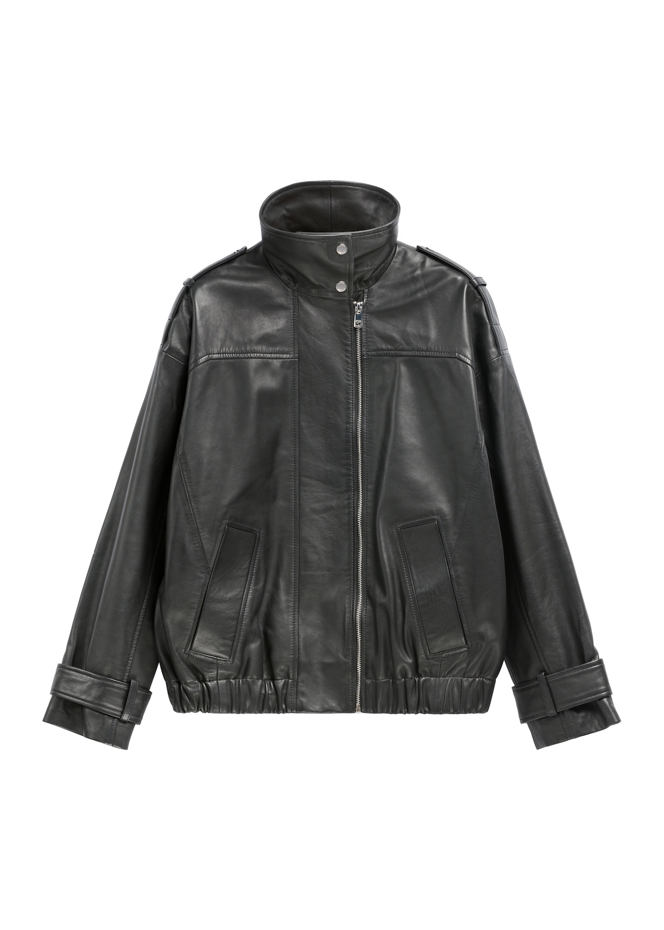 Black oversize leather jacket KURDS-0623-99(Z26), front product view on white background.