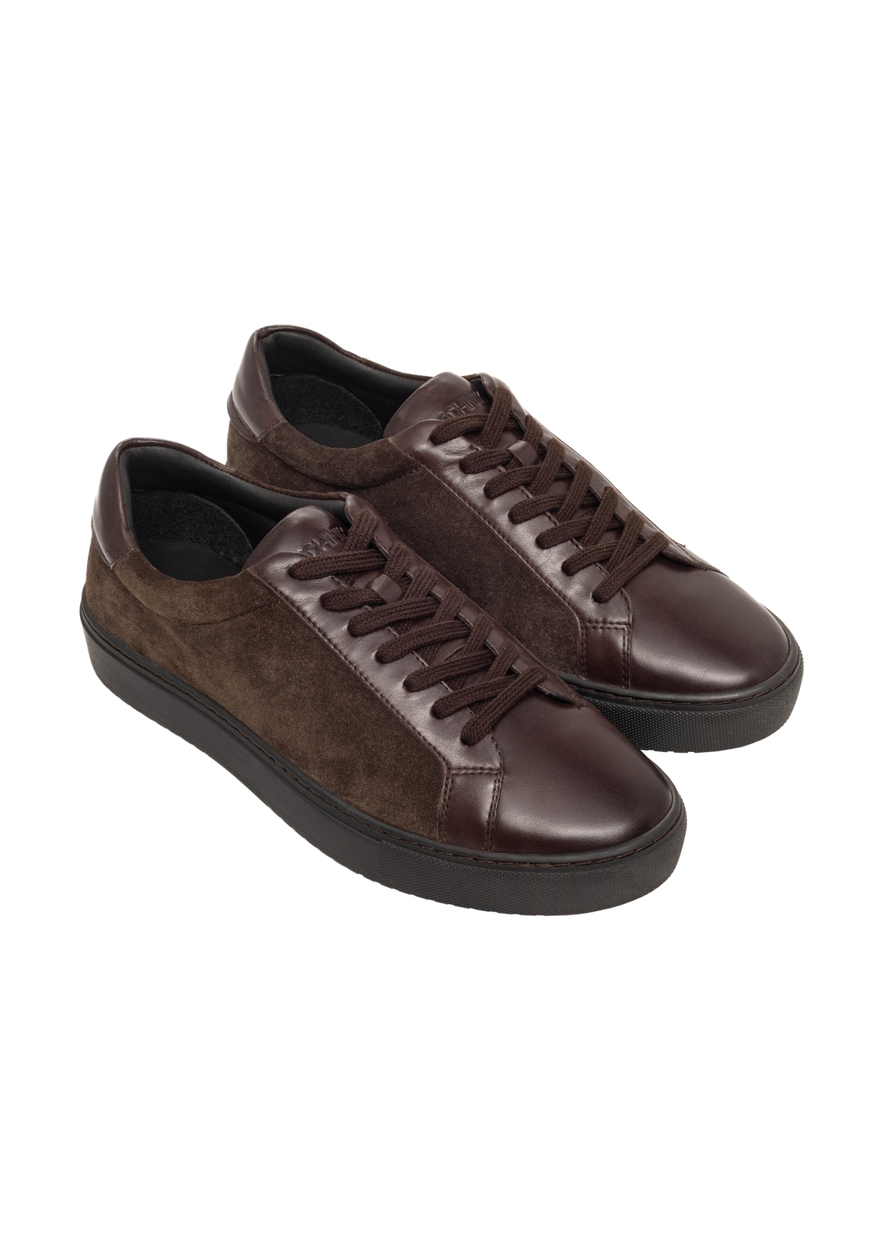 Dark brown men's leather sneakers BUTYM-0544-1I(Z26), diagonal product view on white background.