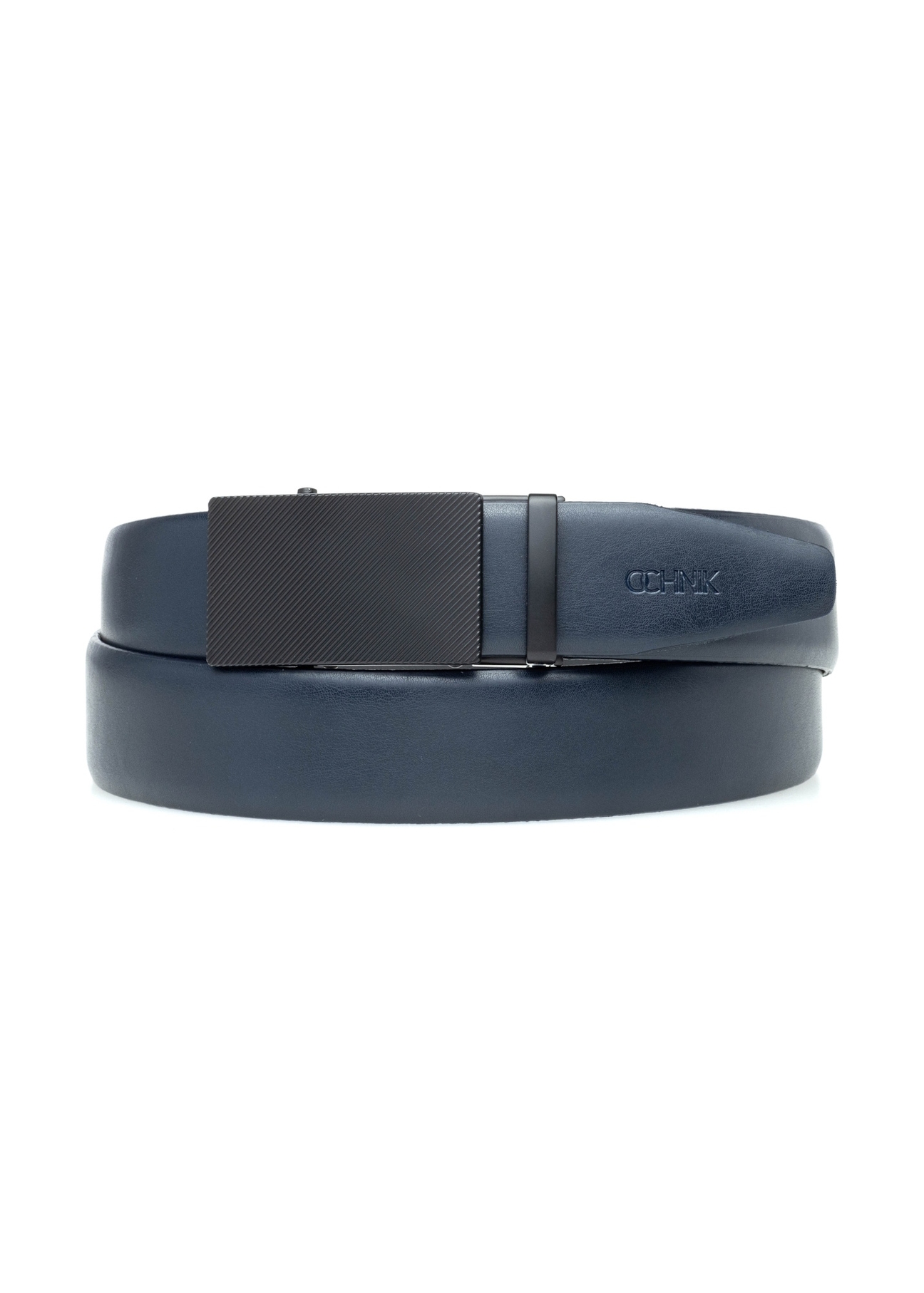 Men's navy blue leather belt PASMS-0269-7E(W26), front product view on white background.