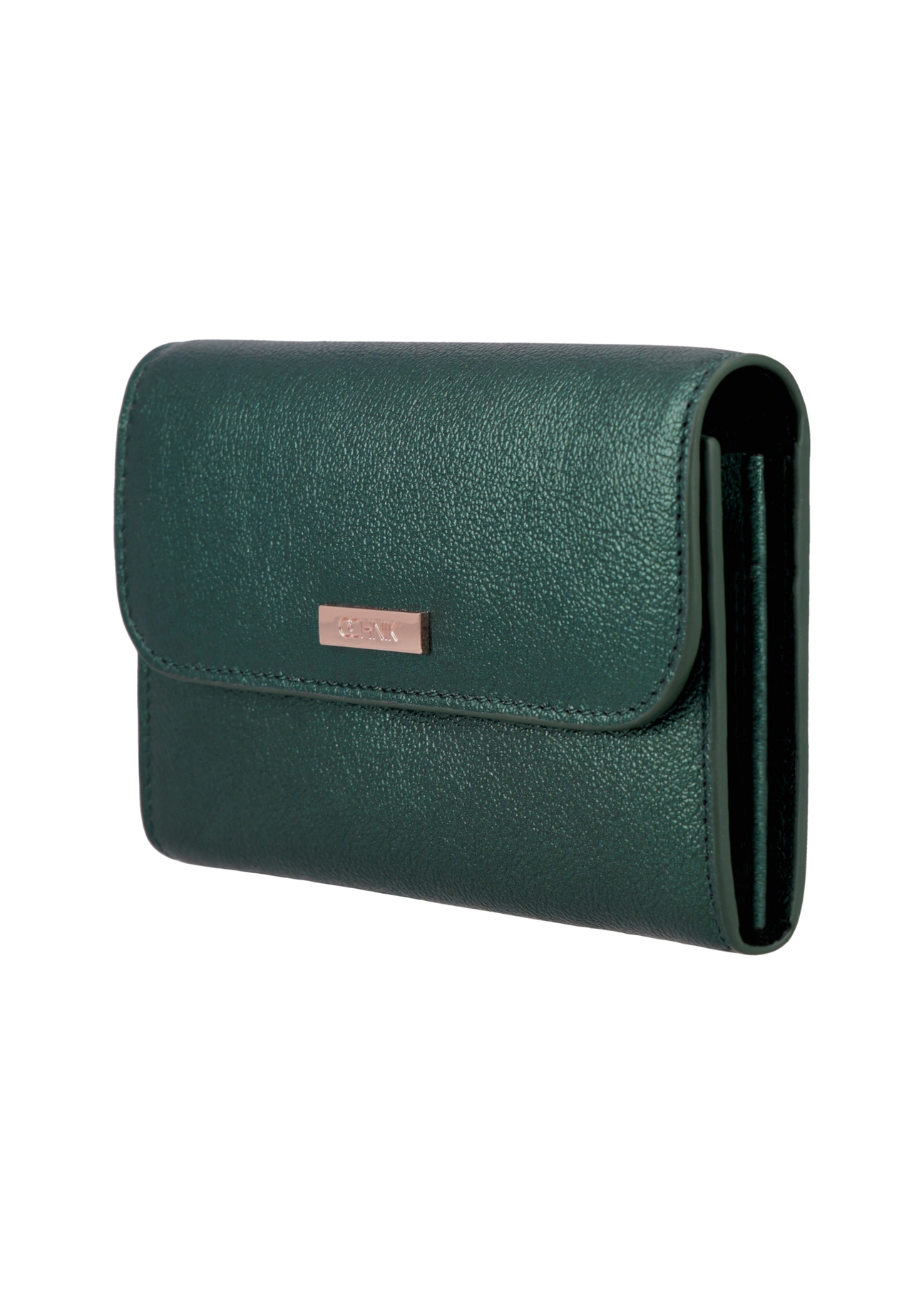 Medium dark green women's leather wallet PORES-1030-8C(Z26), diagonal product view on white background.