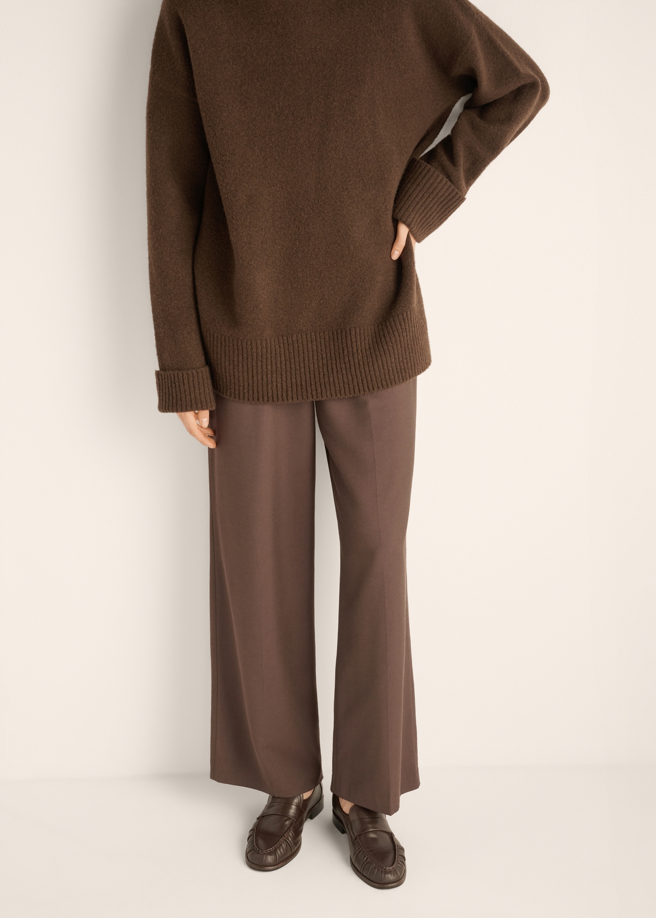 Women's brown leather moccasins BUTYD-1328-1I(Z26), product view from above on model. Half silhouette visible.
