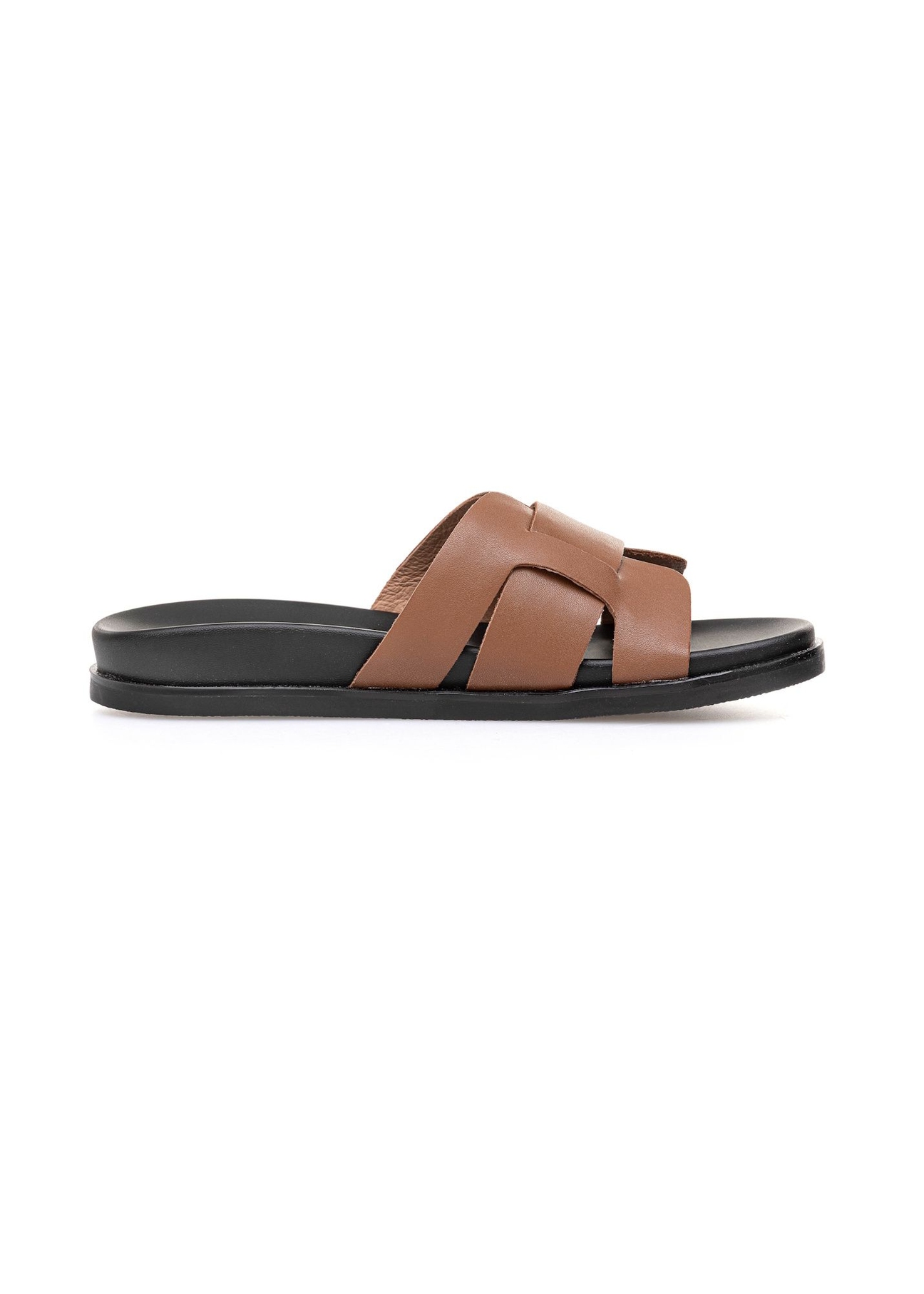 Women's camel leather slides BUTYD-1163-1D(W26), side product view on white background.