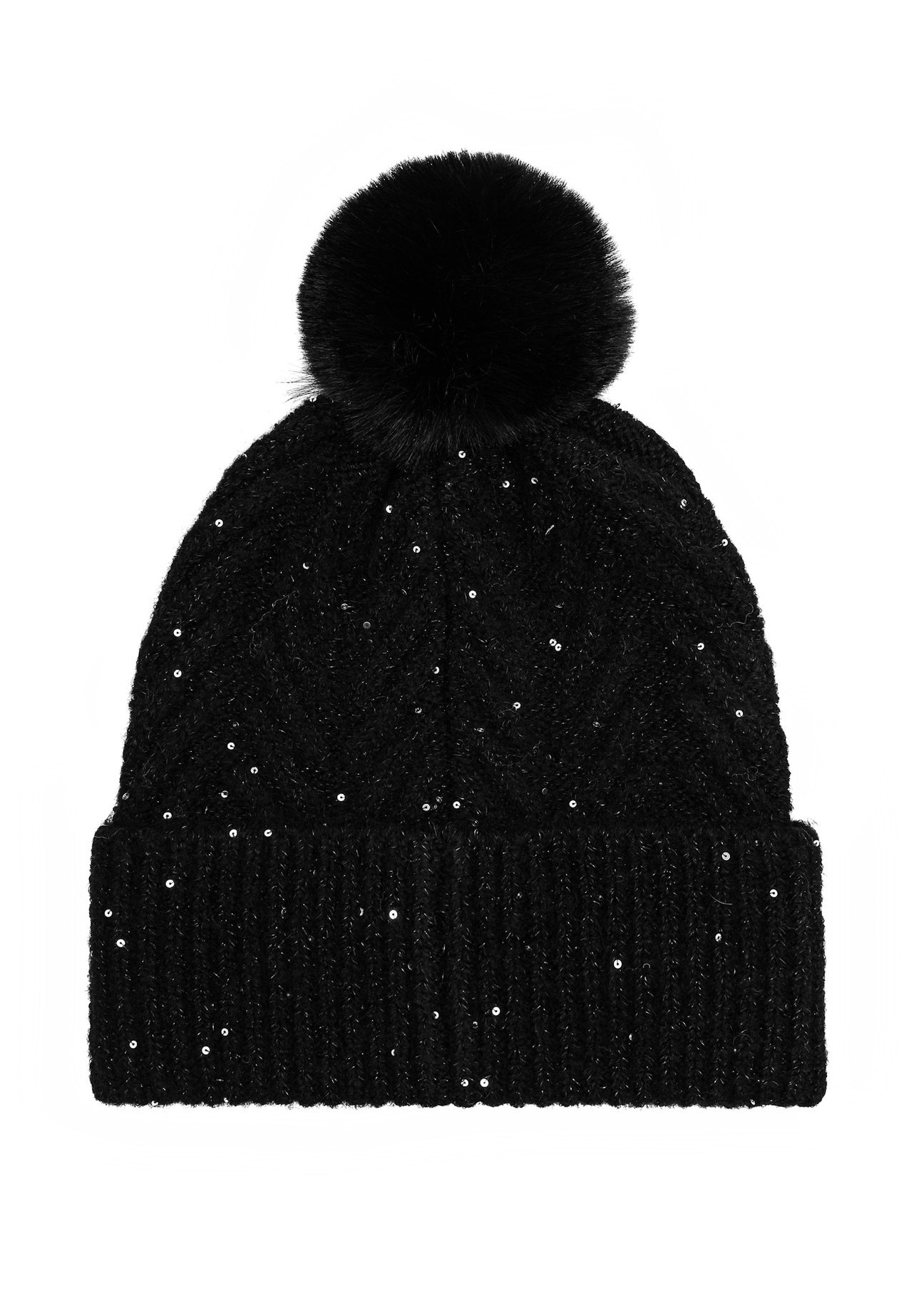 Black women's hat with sequins and pompom CZADT-0175-98(Z25), back view of the product on a white background.